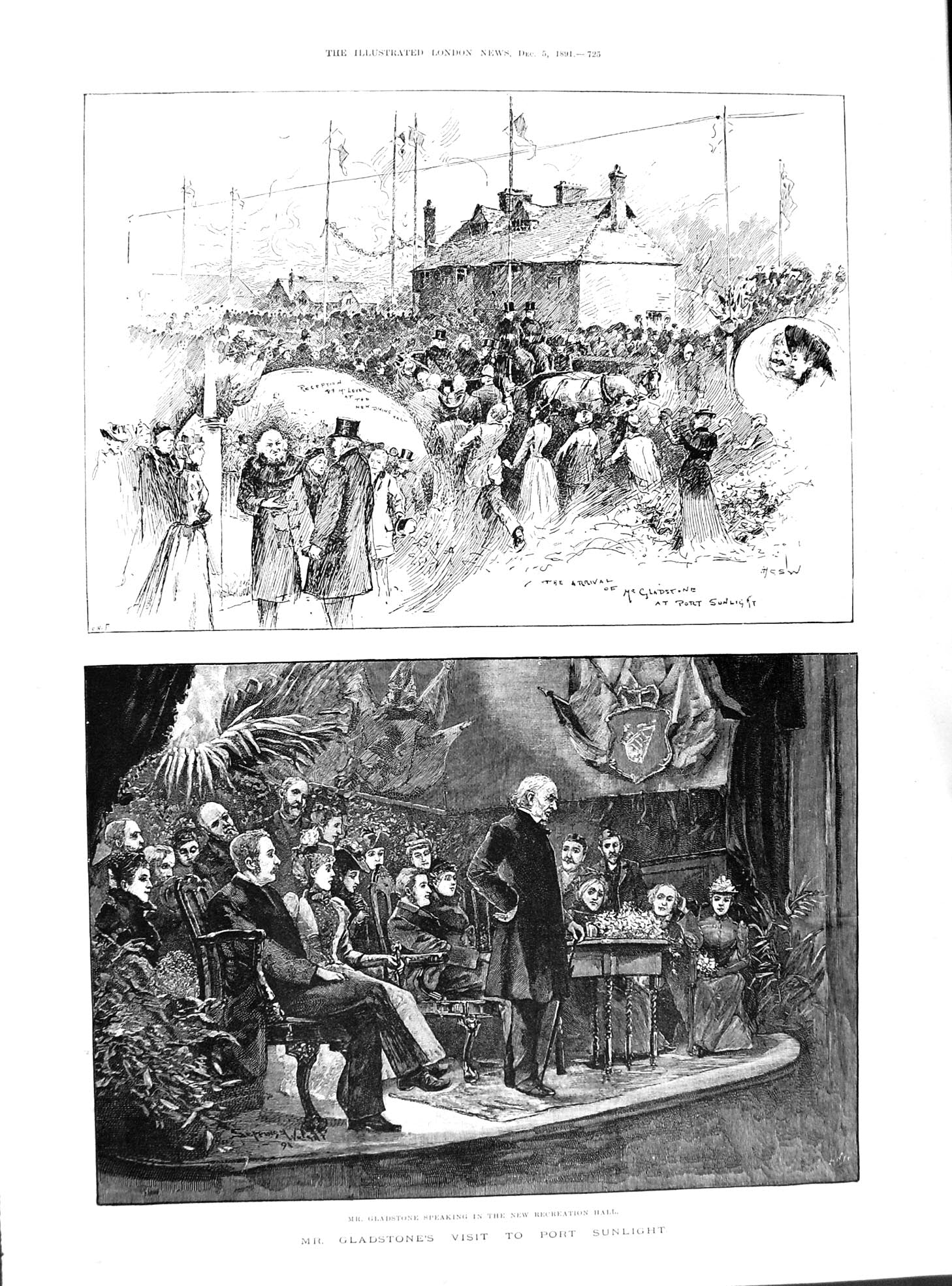 Old Antique Print 1891 Gladstone Speaking Port Sunlight Recreation Hall 19th