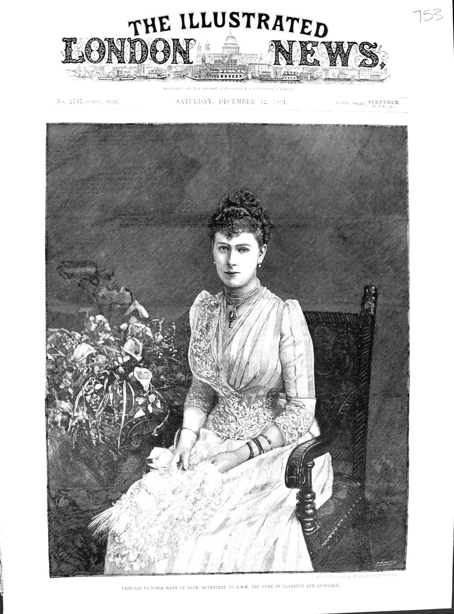 Old Print 1891 Princess Victoria Mary Teck H.R.H. Duke Clarence Avondale 19th