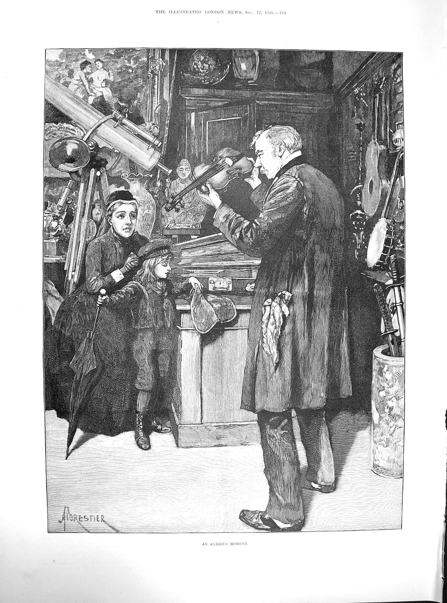 Antique Old Print 1891 Picture Forestier Woman Child Man Violin Musical Inst