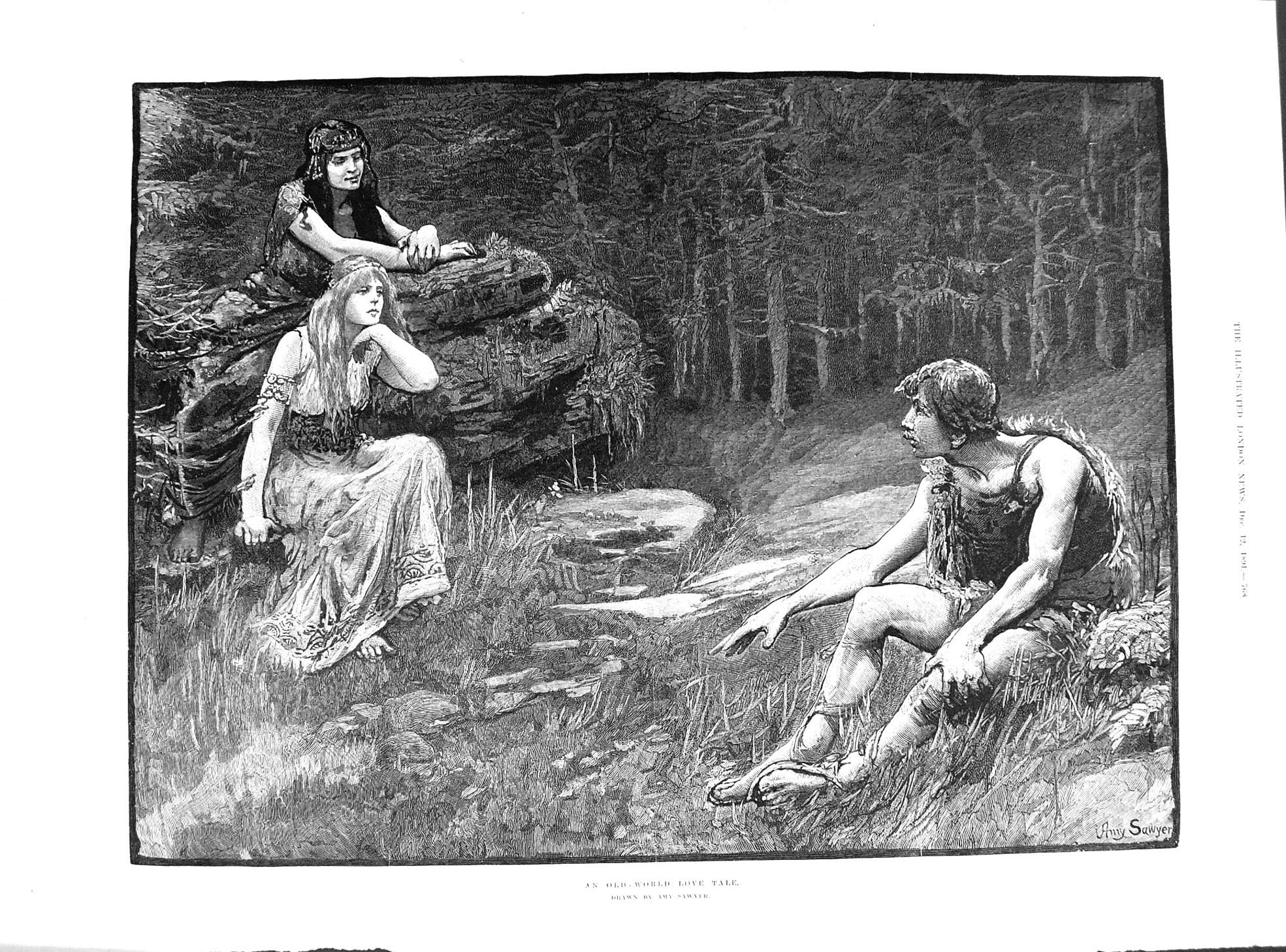 Old 1891 -World Love Tale Drawing Amy Sawyer Forest Scene John Leech S Victorian