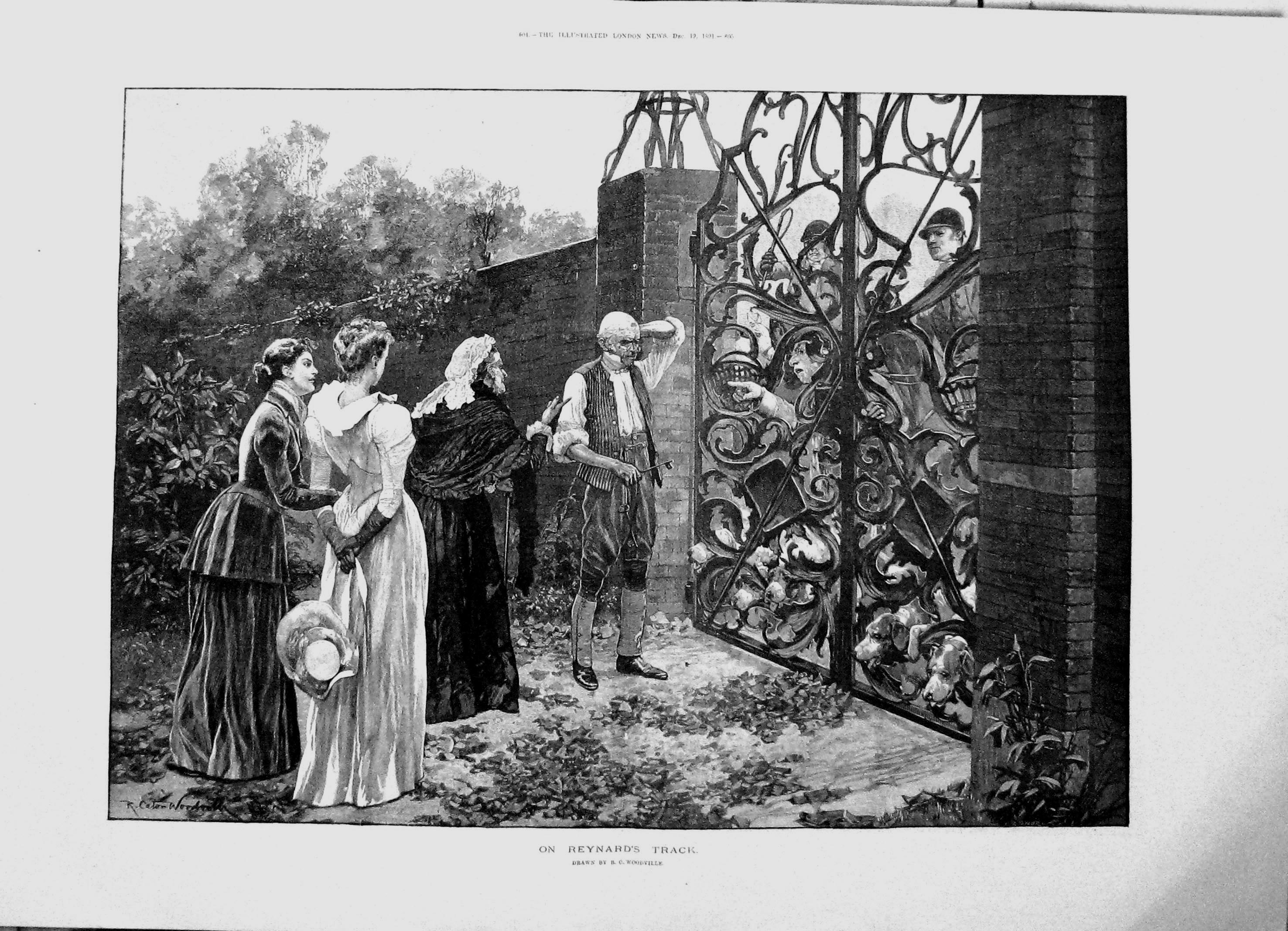 Antique Print 1891 Reynard'S Track Woodville Drawing Women Men Dogs Horses