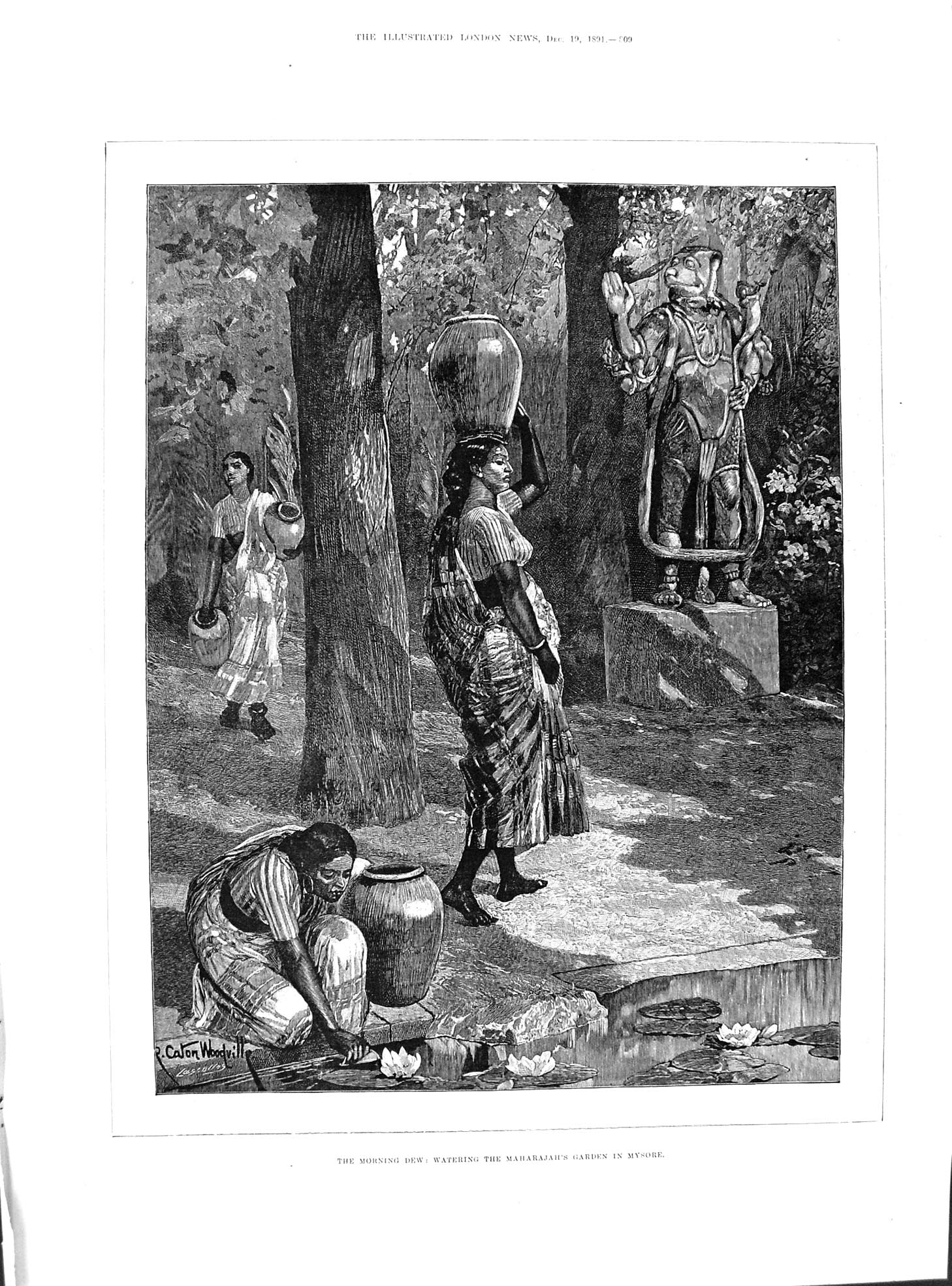 Old Print 1891 Morning Dew Watering Maharajah Garden Mysore Women Statue 19th
