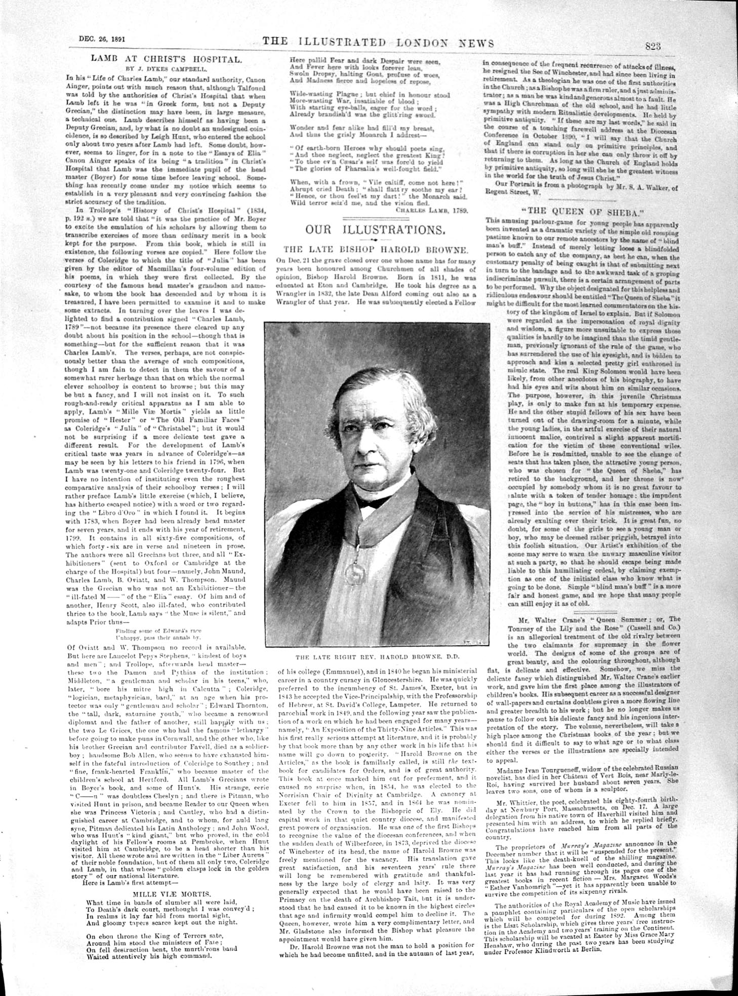 Original Old Antique Print 1891 Rev HarBrowne Late Bishop Portrait Walker 19th