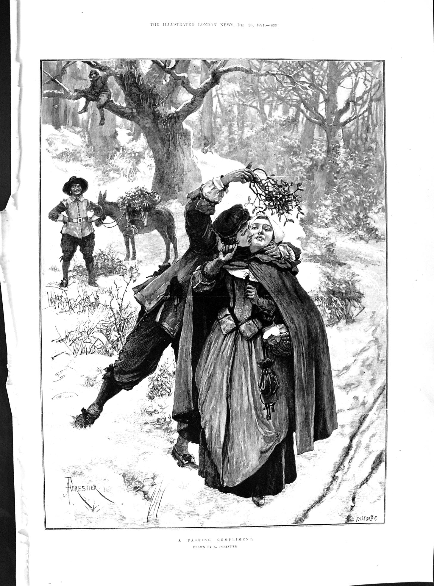 Print 1891 Christmas Mistletoe Compliment Man Woman Forest Scene Snow Drawn Fo