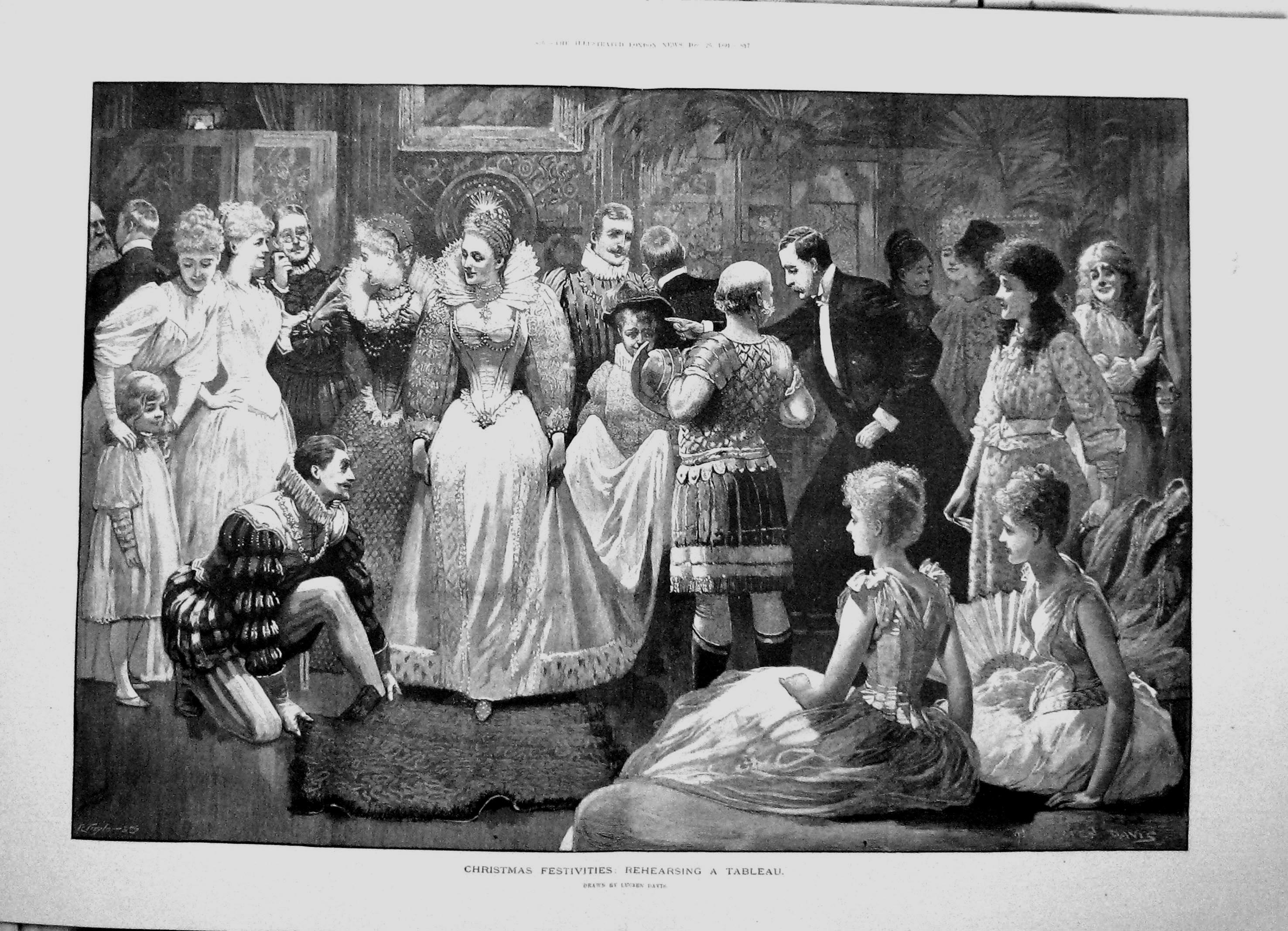 Old 1891 Christmas Festivities Tableau Rehearsing Lucien David Drawin 19th
