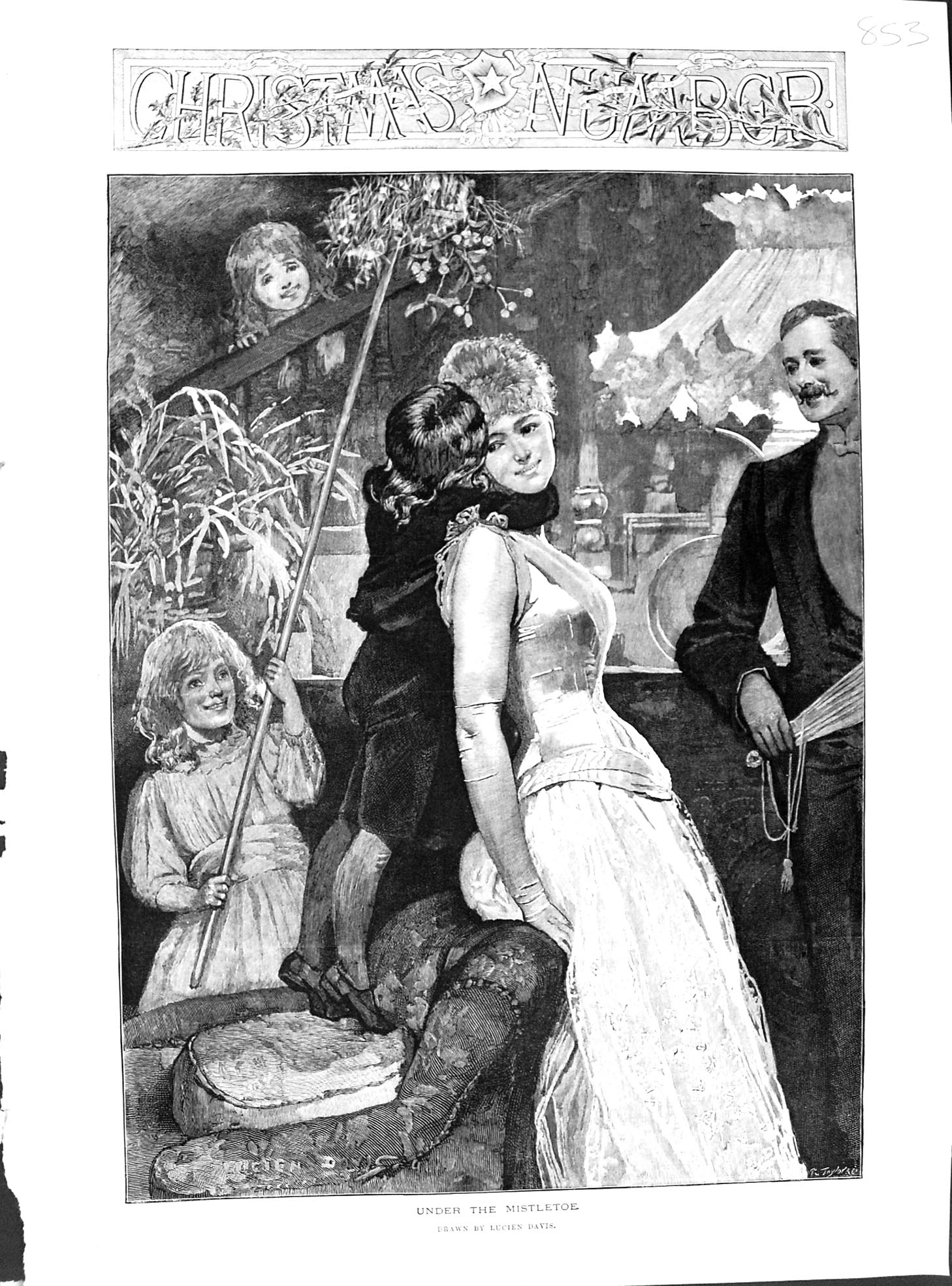 Old 1891 Christmas Number Mistletoe Drawing Lucien Davis Woman Man Ch Victorian