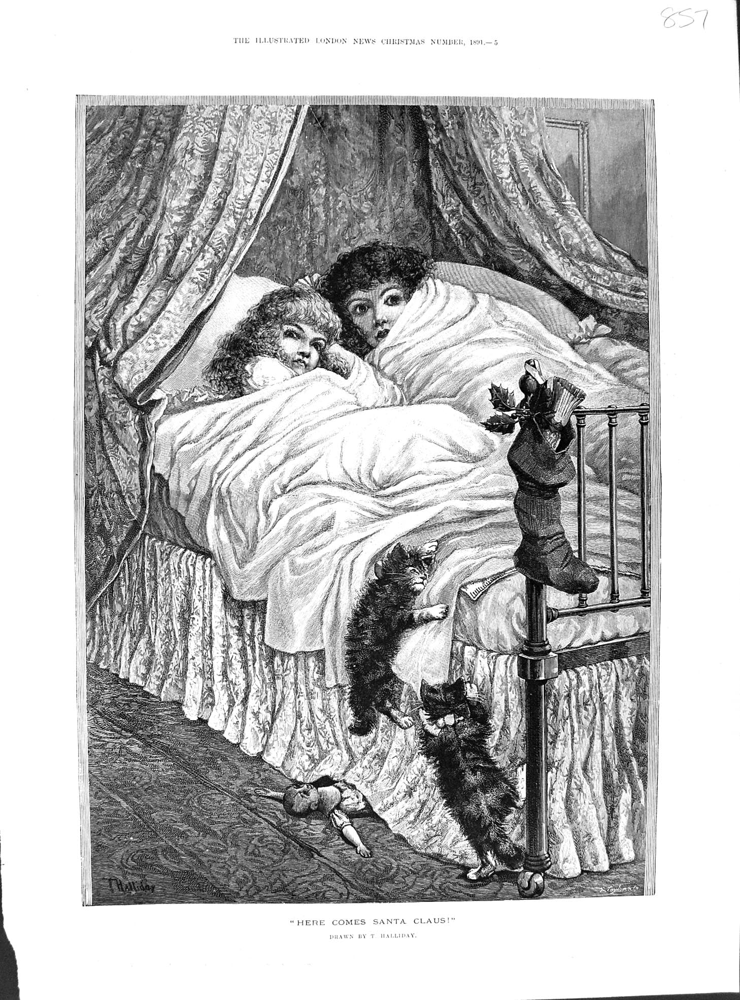 Old 1891 Christmas Stocking Children Girls Bed Kittens Drawing Hallid Victorian