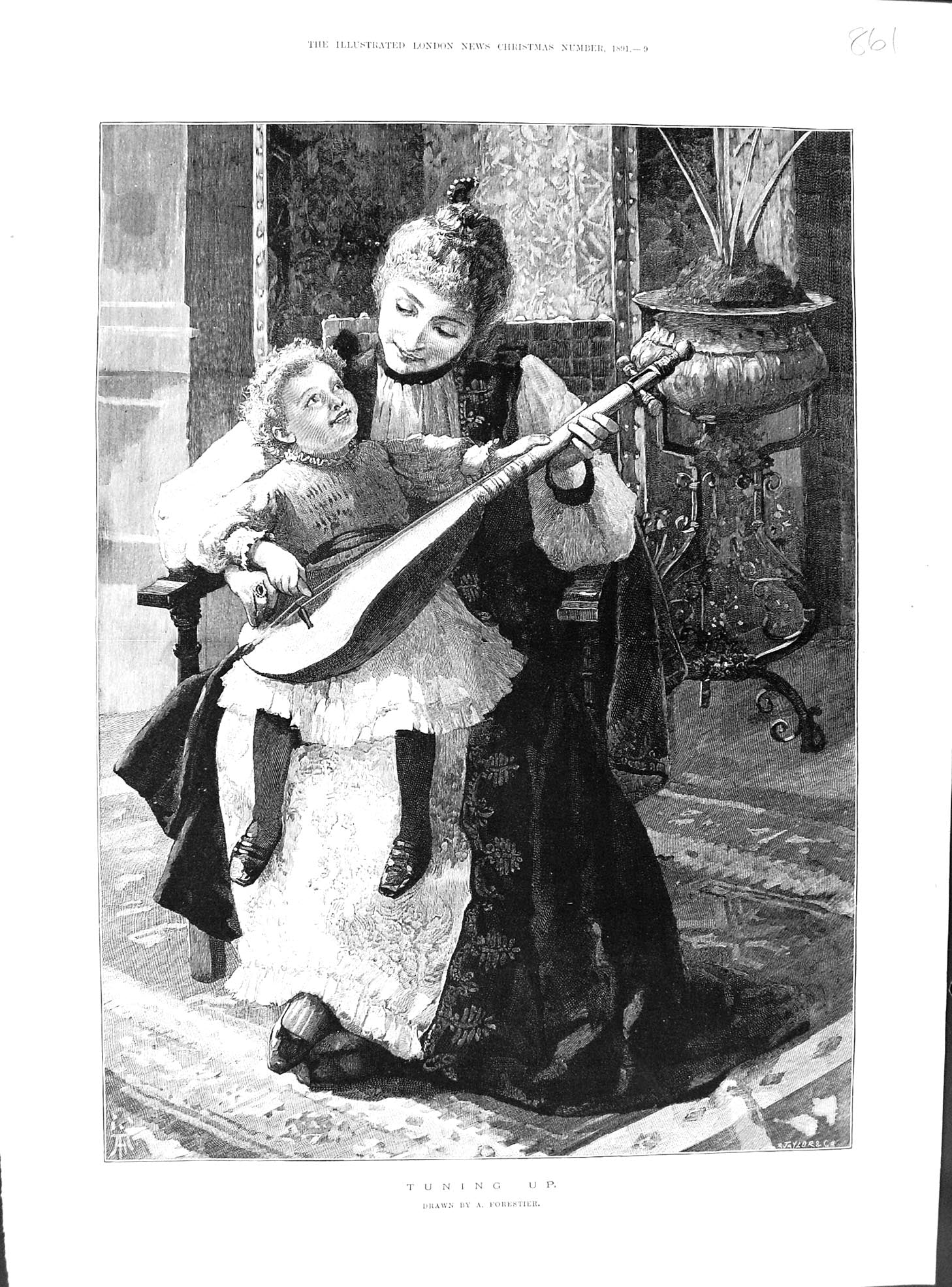 Antique Print 1891 Woman Child Tuning Musical Instrument Drawing Forestier 19th