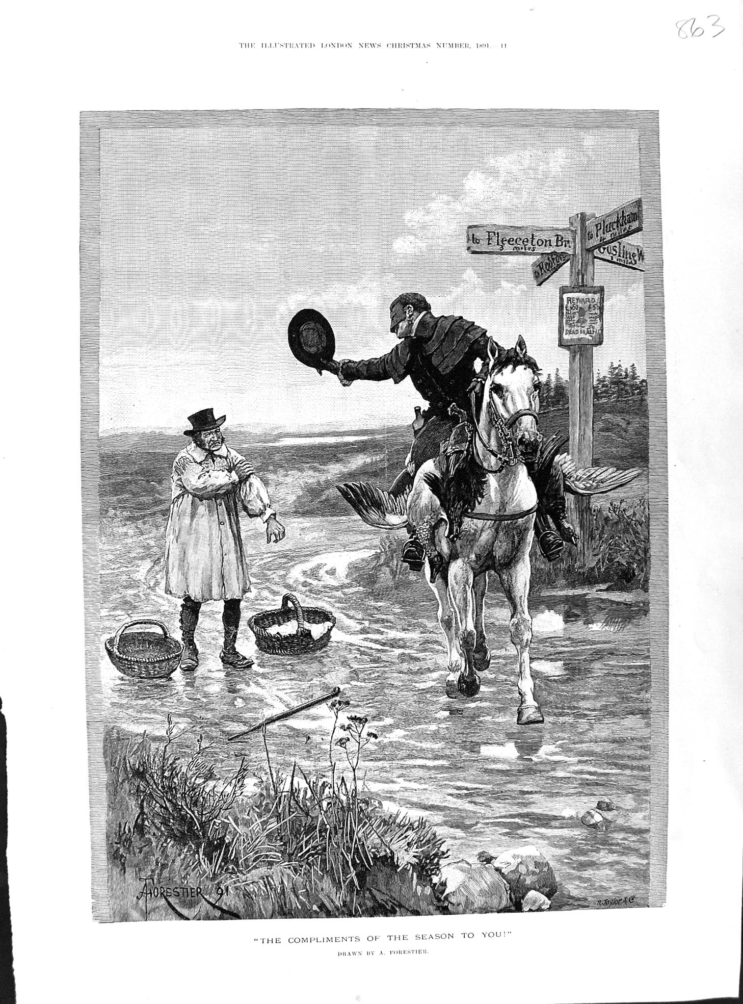 Antique Print 1891 Christmas Travellers Highwayman Horse Drawing Forestier 19th