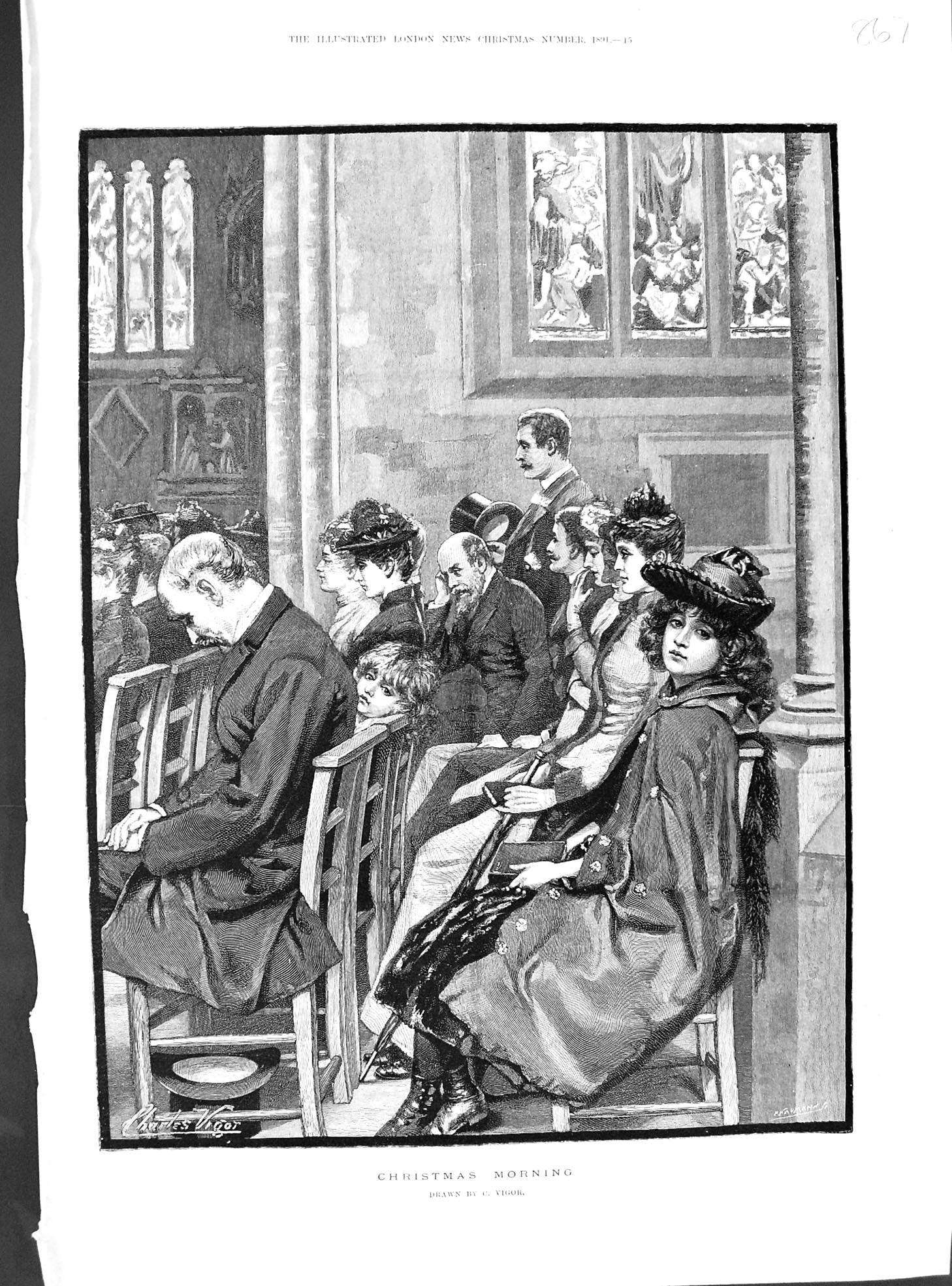Old 1891 Christmas Morning Drawing Vigor Church Service Scene Women M Victorian