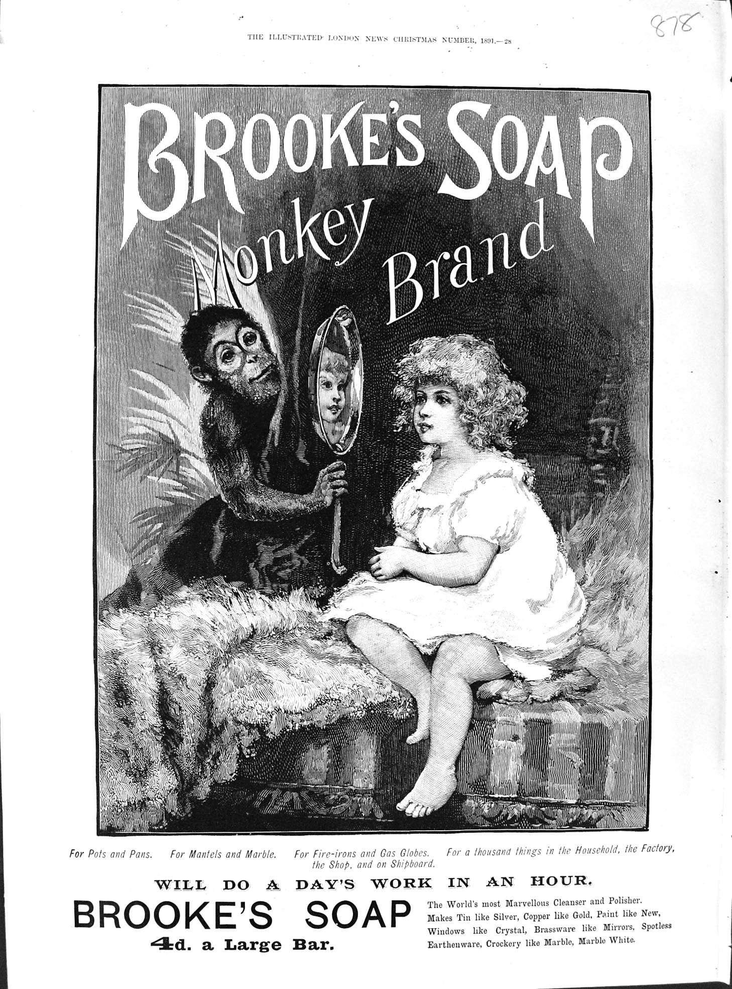 Old Print 1891 Advertisement Brooke'S Soap Monkey Brand Cleanser Polisher 19th