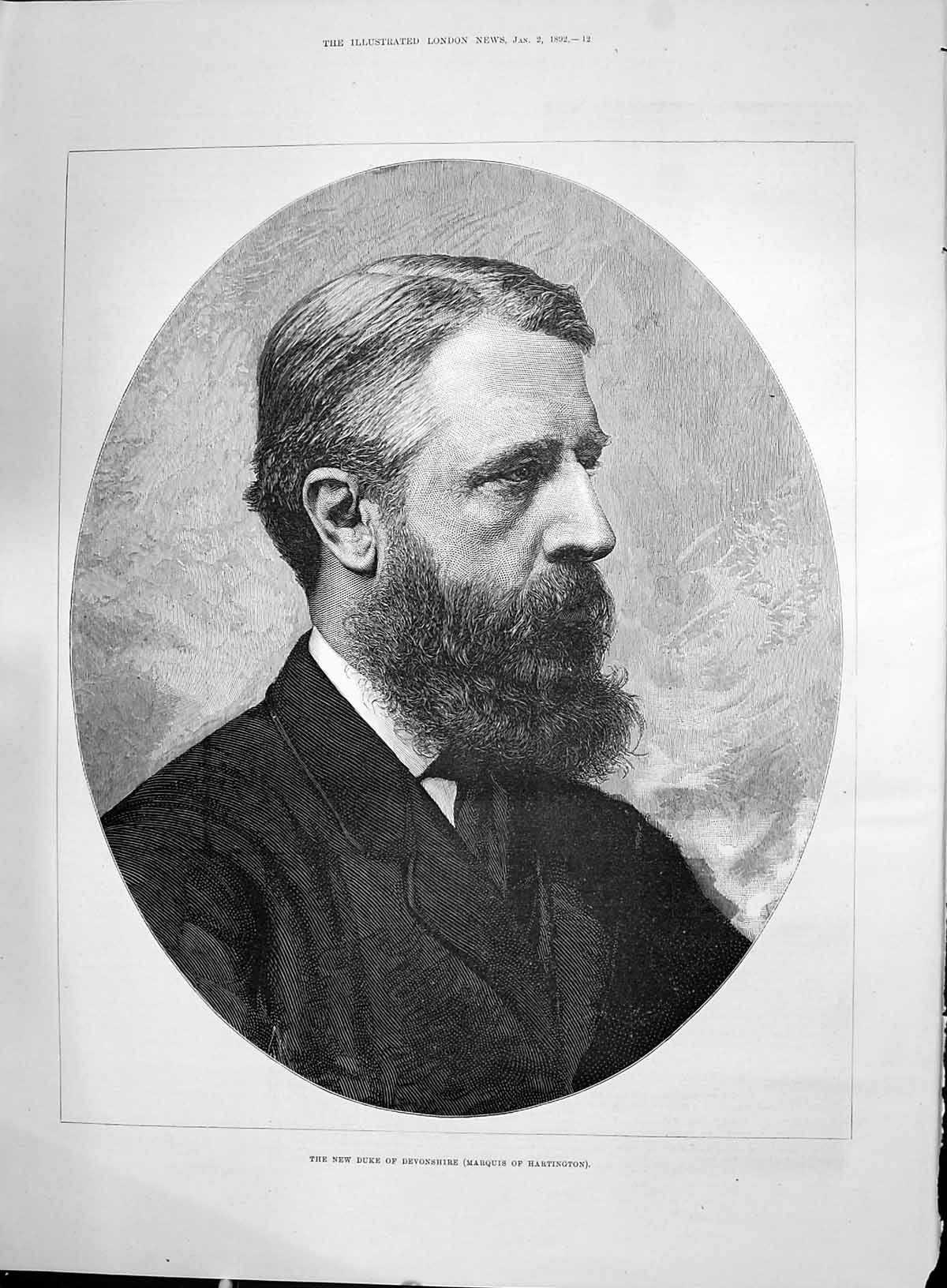 Original Old Antique Print 1892 Portrait Duke Devonshire Marquis Hartington