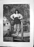 Antique Old Print 1892 Beautiful Miller'S Daughter River Scene Cattle Storey
