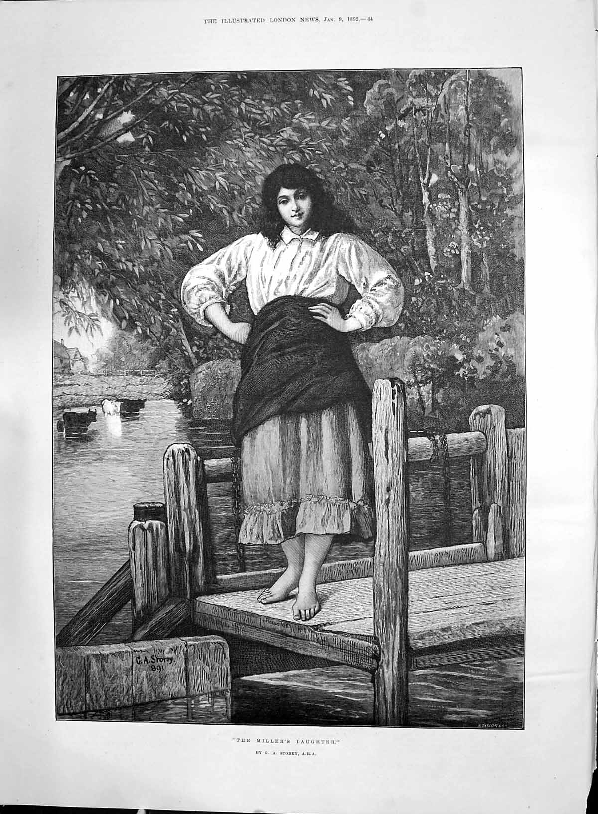Antique Old Print 1892 Beautiful Miller'S Daughter River Scene Cattle Storey