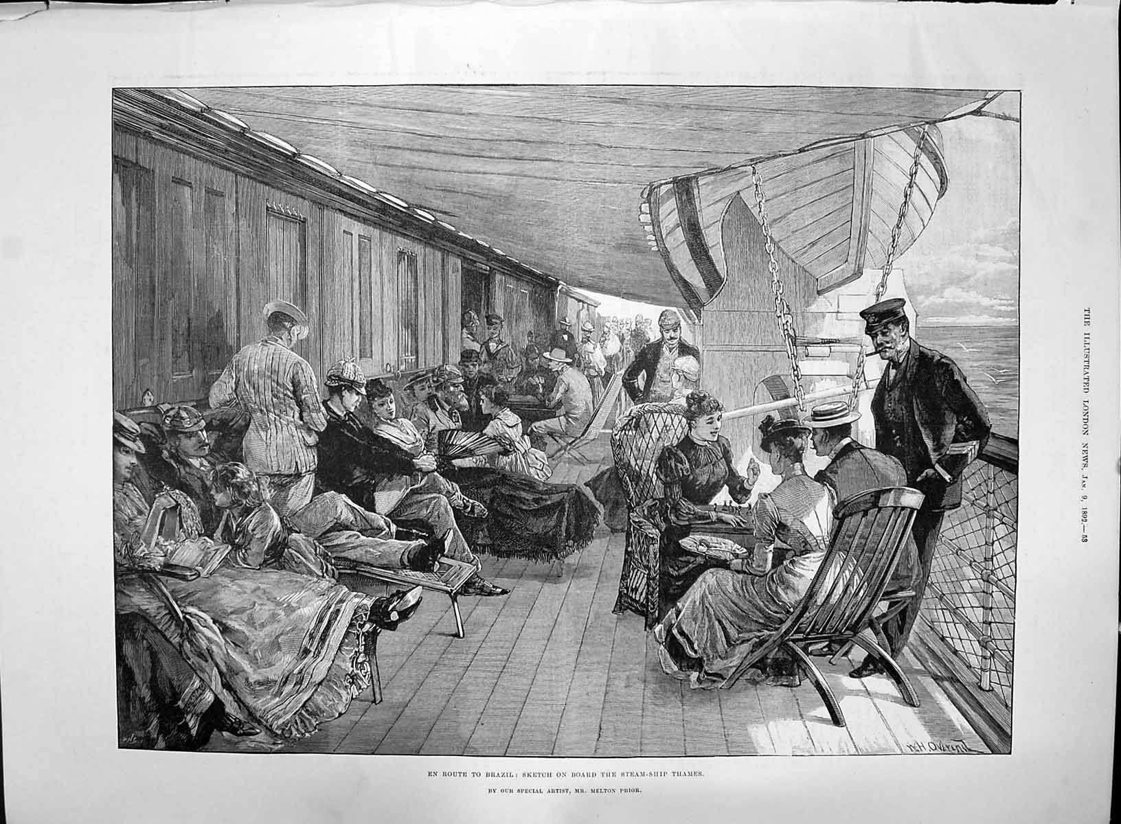 Old Print 1892 Scene Board Deck Steam Ship Thames Brazil Passengers Melto 19th