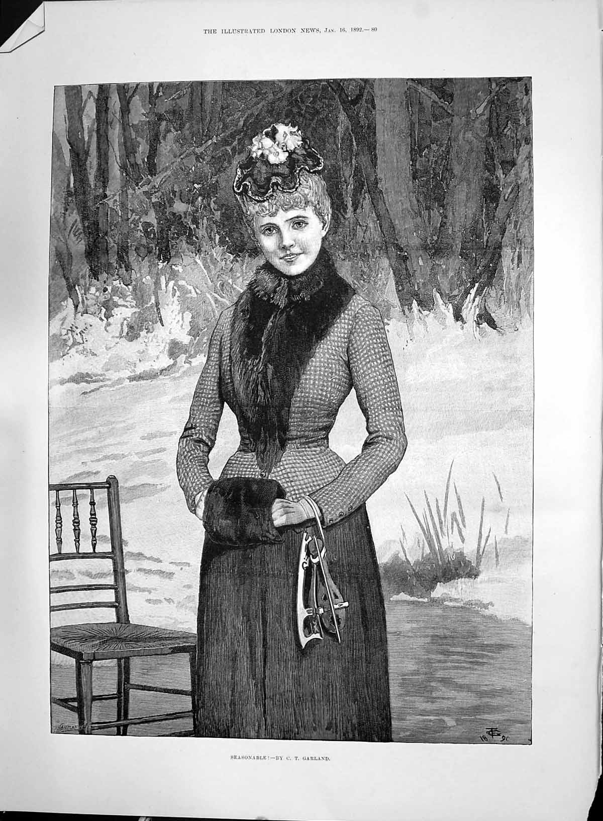 Old 1892 Beautiful Woman Winter Scene Garland Bagatelle Four Comic So Victorian