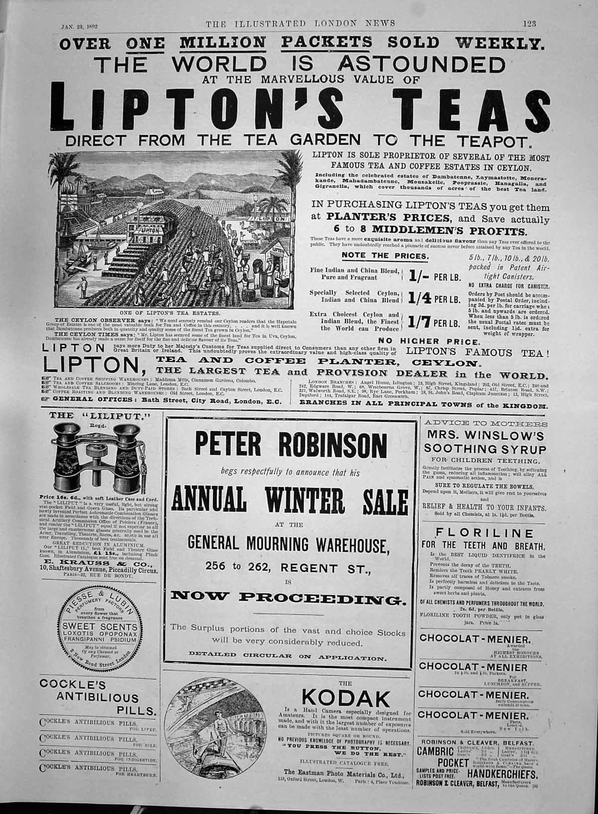 Print 1892 Advertisement Lipton Teas Coffee Planter Ceylon Peter Robinson Kodak