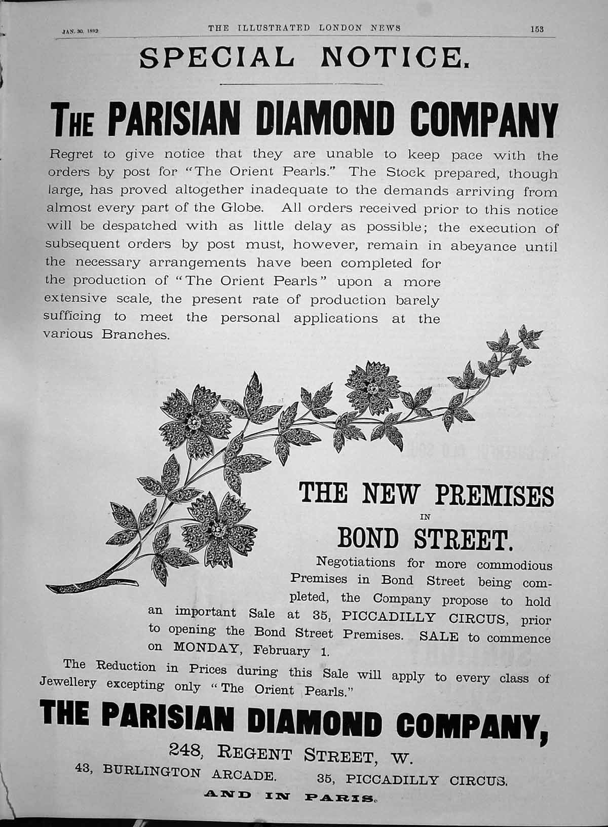 Antique Print 1892 Parisian Diamond Company Regent Street Piccadilly Circus