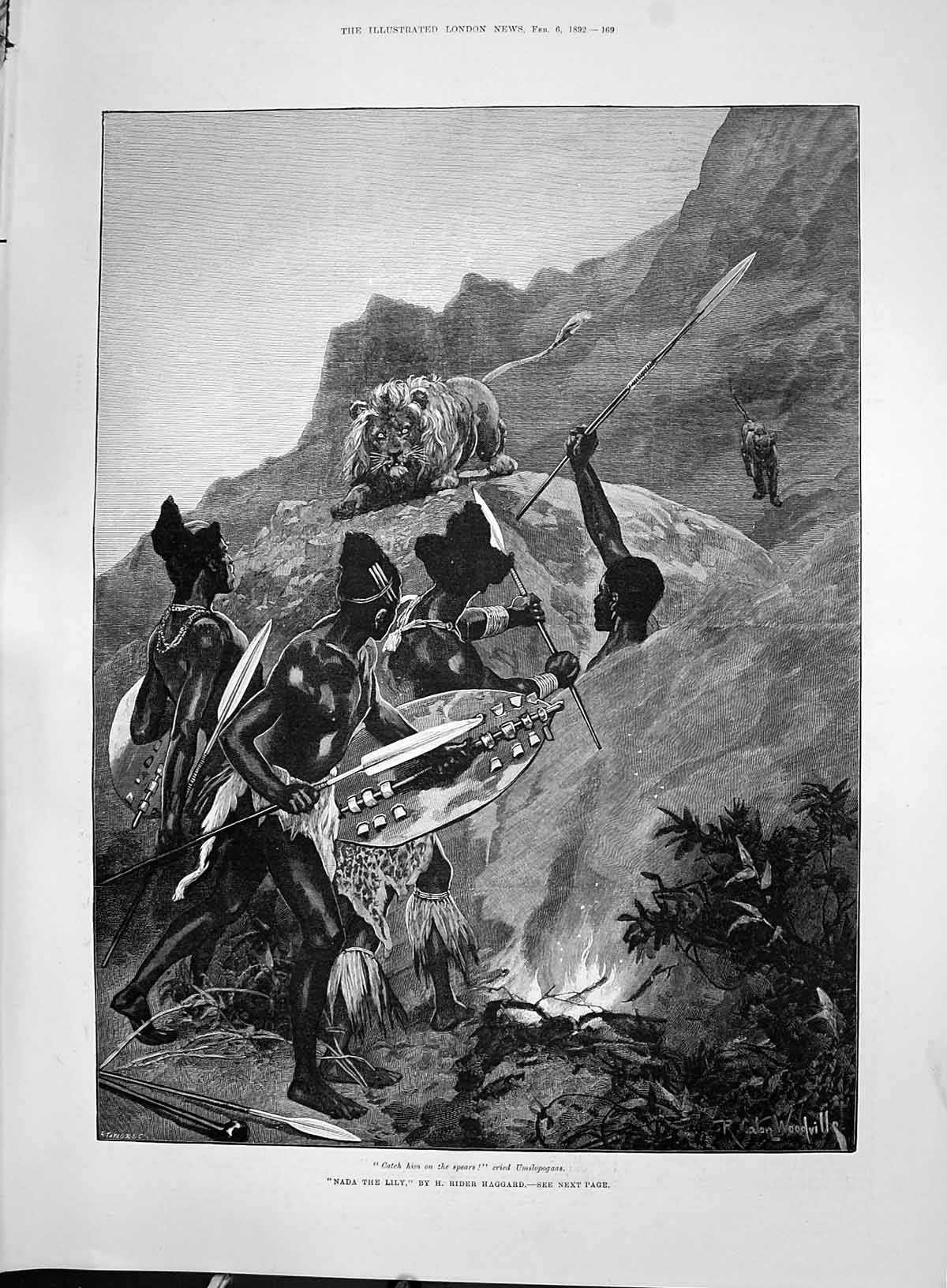 Antique Old Print 1892 Nada Lily Warrior Natives Lion Spears Rider Haggard 19th