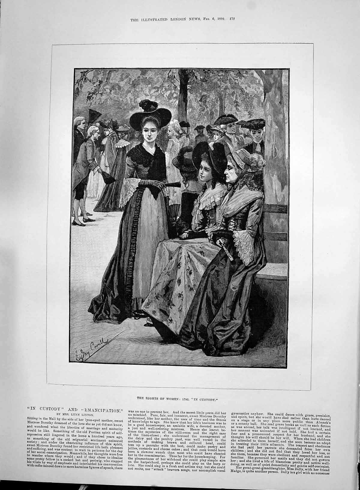 Original Old Antique Print 1892 Rights Women Custody Romance Park Scene 19th