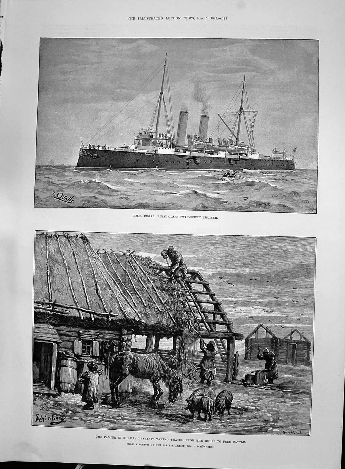 Old 1892 Ship H.M.S. Edgar Twin-Screw Cruiser Famine Russia Peasants Victorian