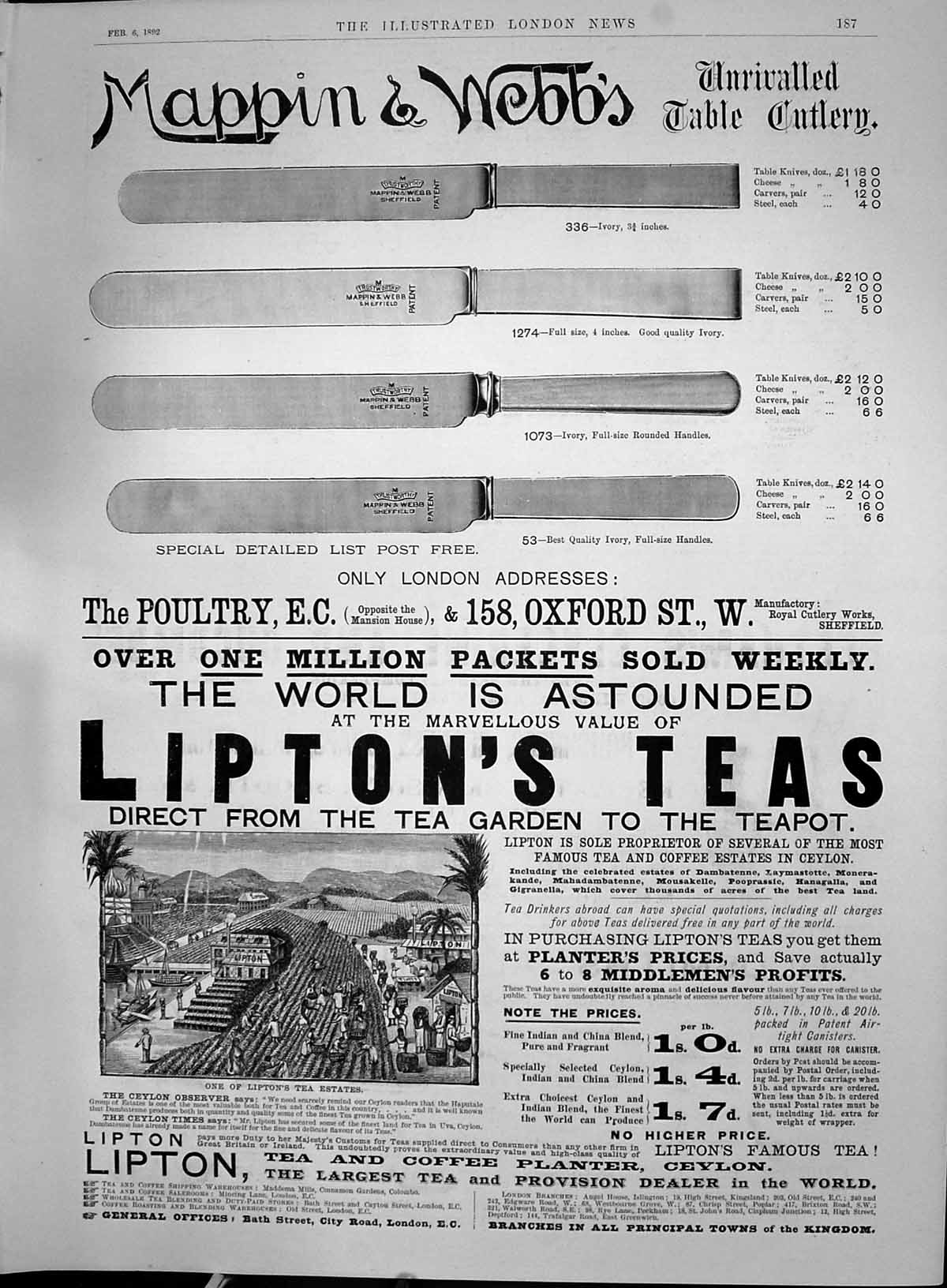 Old Print 1892 Advertisement Mappin Webb Table Cutlery Knives Lipton Teas 19th