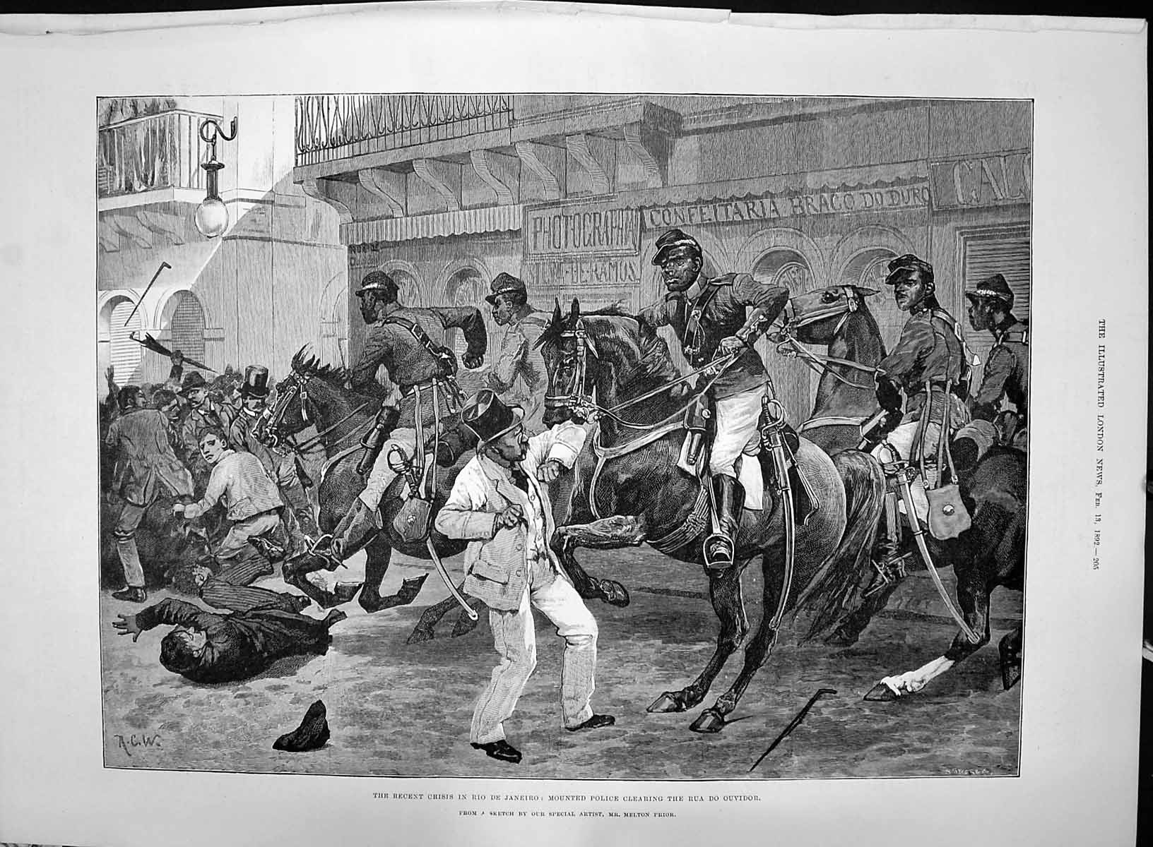 Old 1892 Crisis Rio De Janeiro Mounted Police Clearing Rua Do Ouvidor Victorian