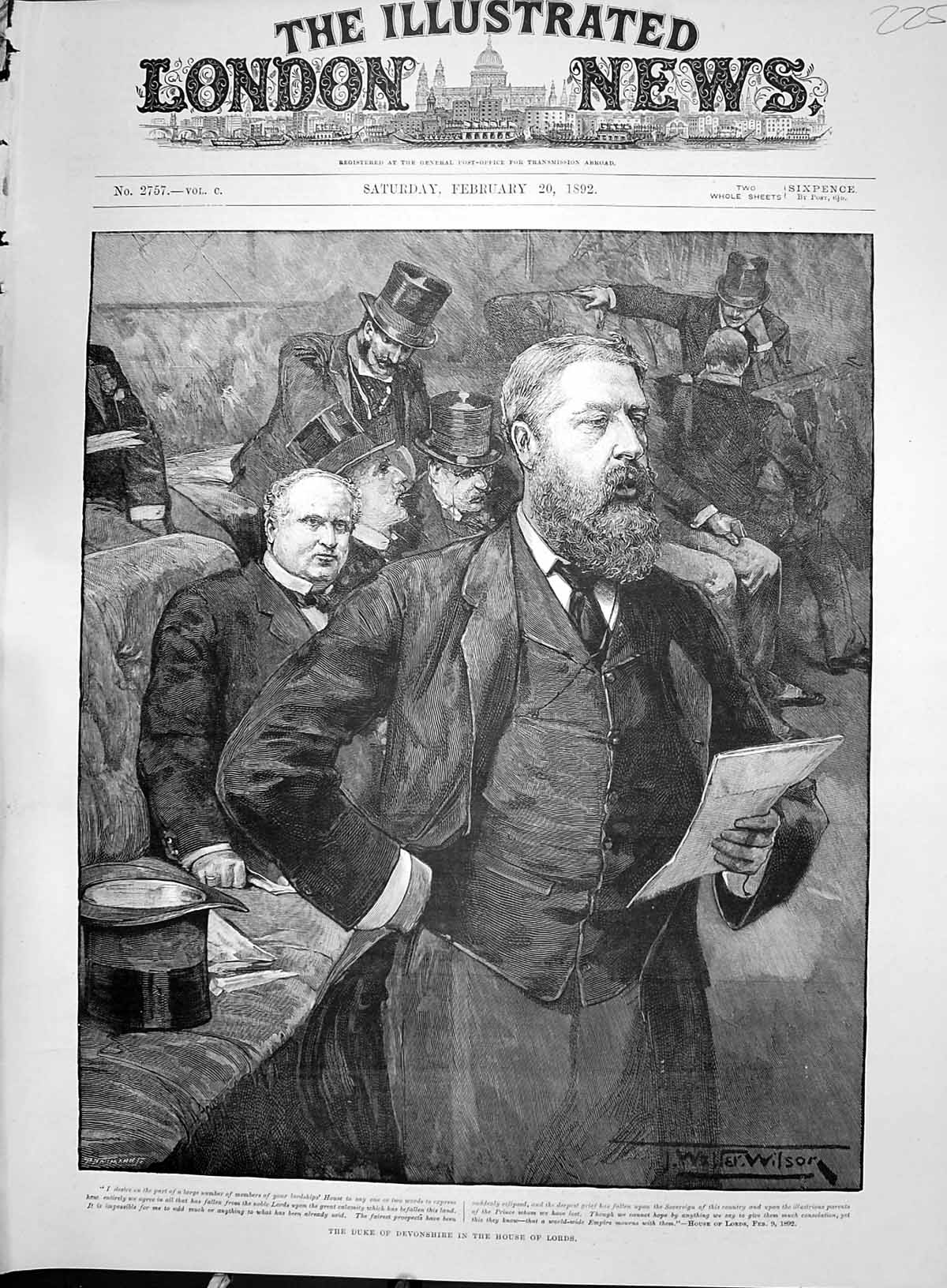 Original Old Antique Print 1892 Duke Devonshire House Lords Parliament Wilson