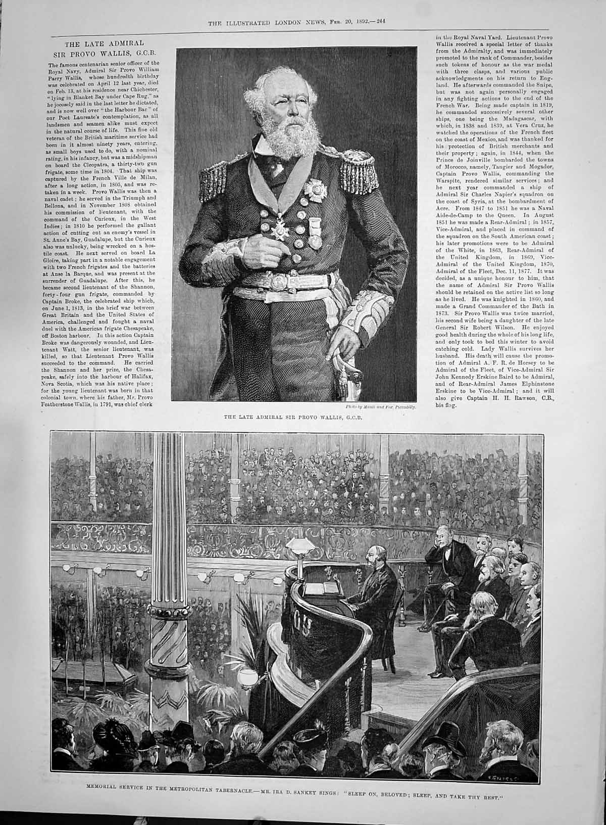 Old 1892 Admiral Provo Wallis Metropolitan Tabernacle Sankey Royal Re Victorian