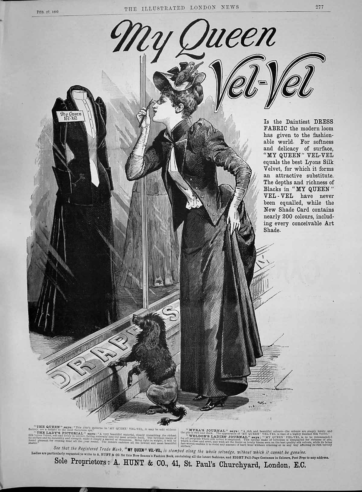 Antique Old Print 1892 My Queen Vel-Vel Drapers St. Paul'S Churchyard London