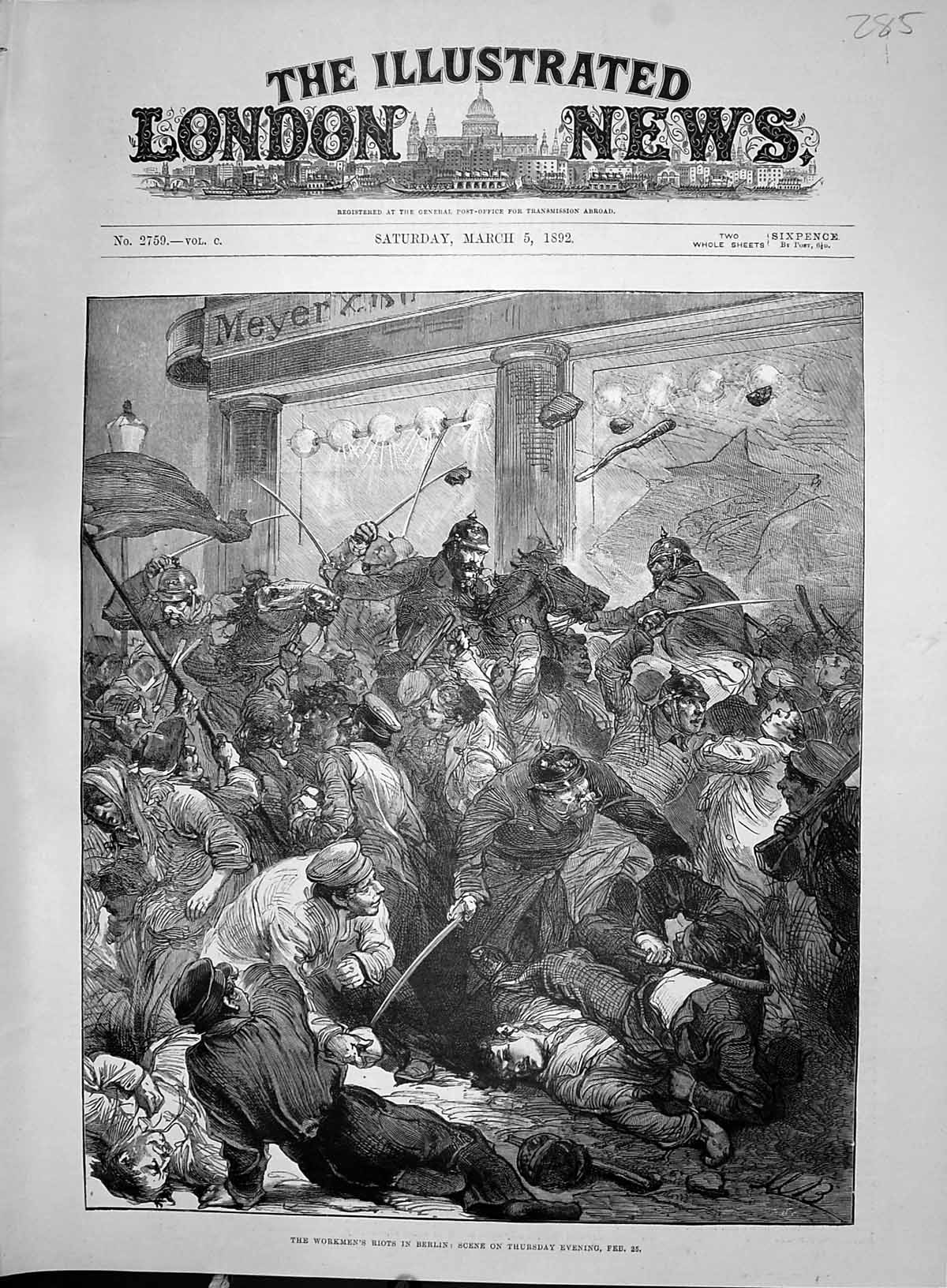Old Antique Print 1892 Workmen Riots Berlin Germany Scene Street Fighting 19th