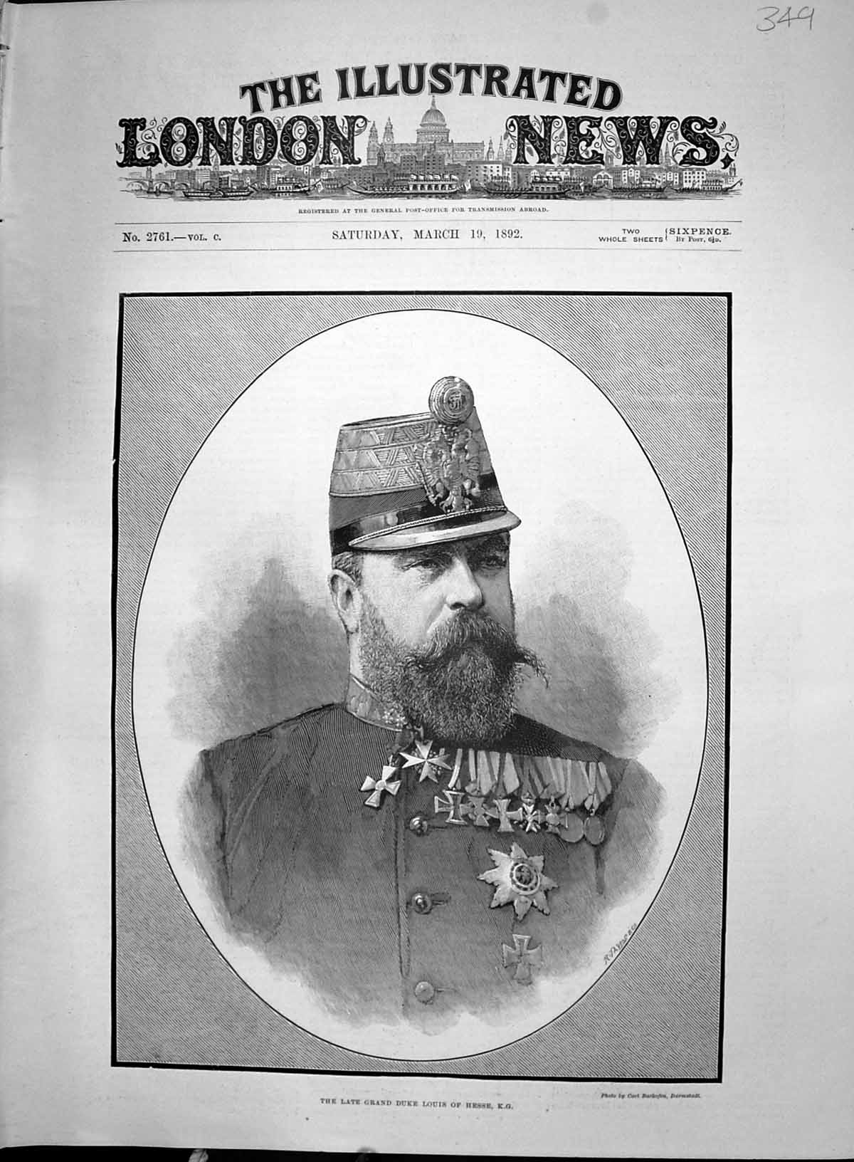 Old Antique Print 1892 Portrait Grand Duke Louis Hesse War Uniform Taylor 19th