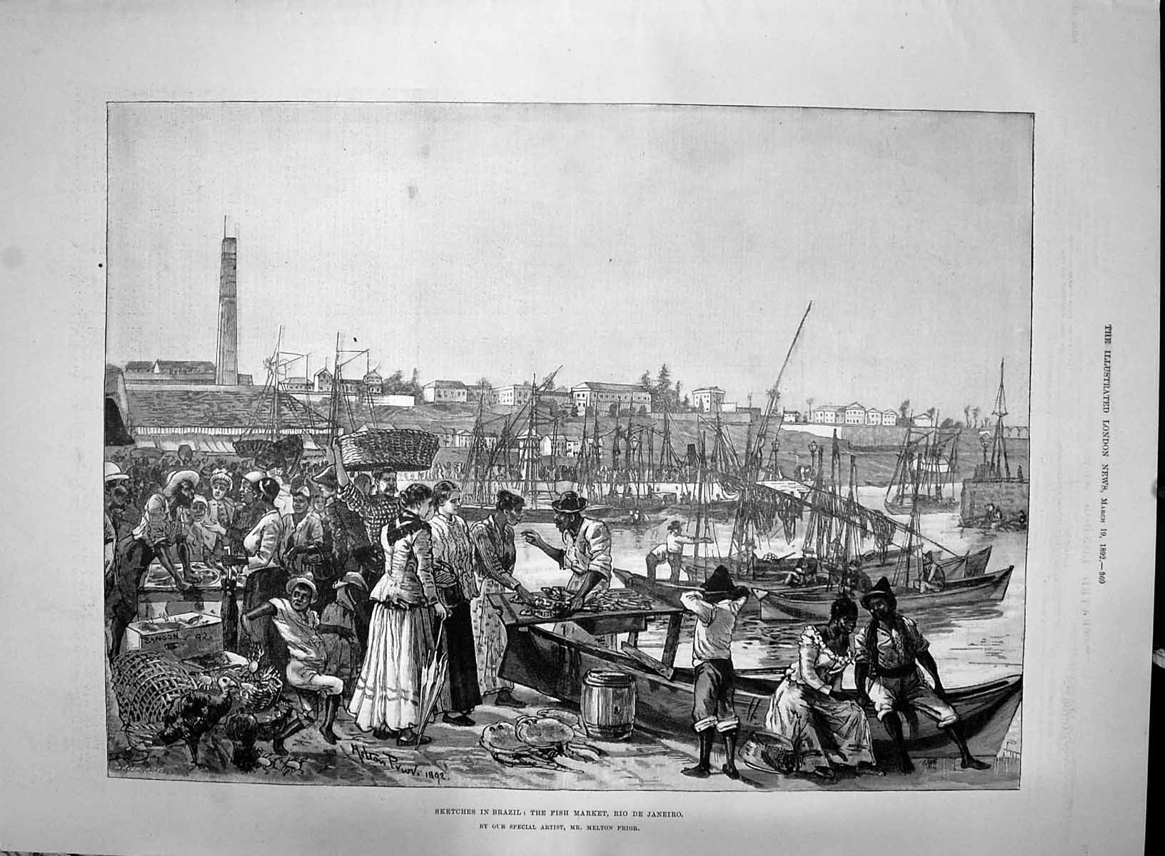 Old 1892 Brazil Fish Market Rio De Janeiro South America Fishing Boat Victorian