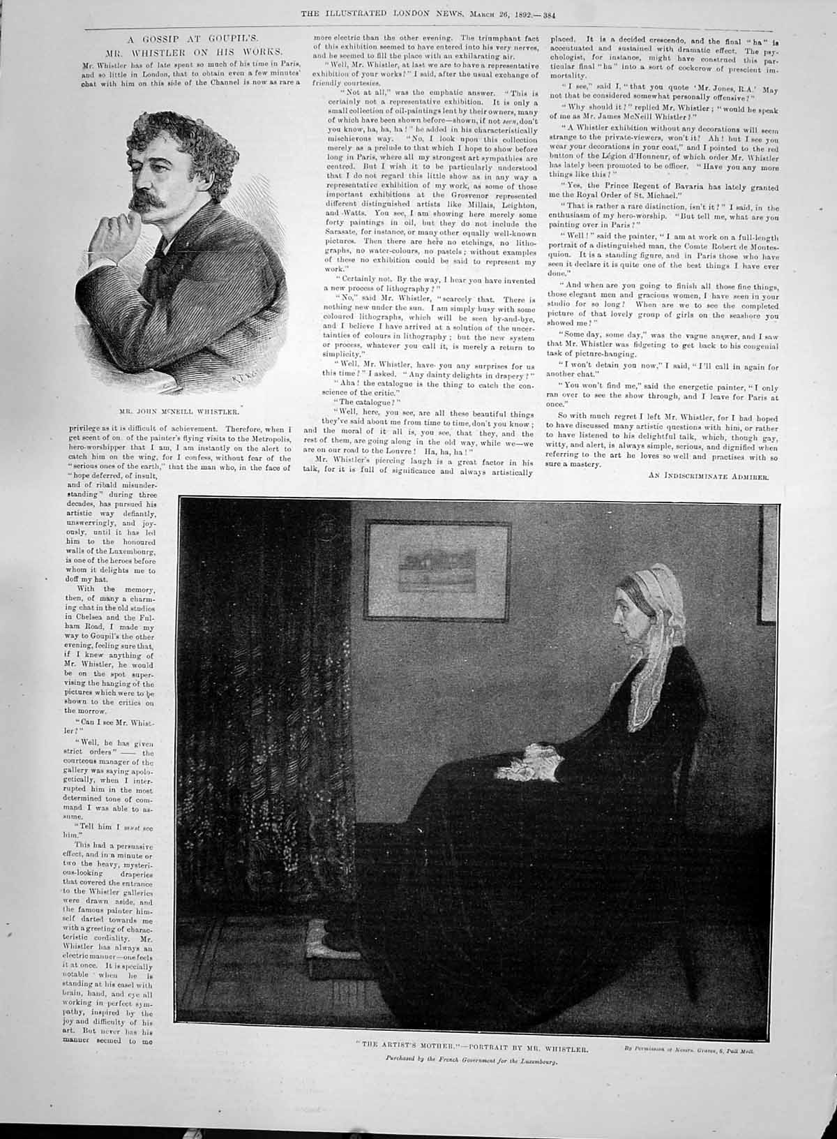 Old 1892 John Mcneill Whistler Artist Mother Professor Freeman Portra Victorian