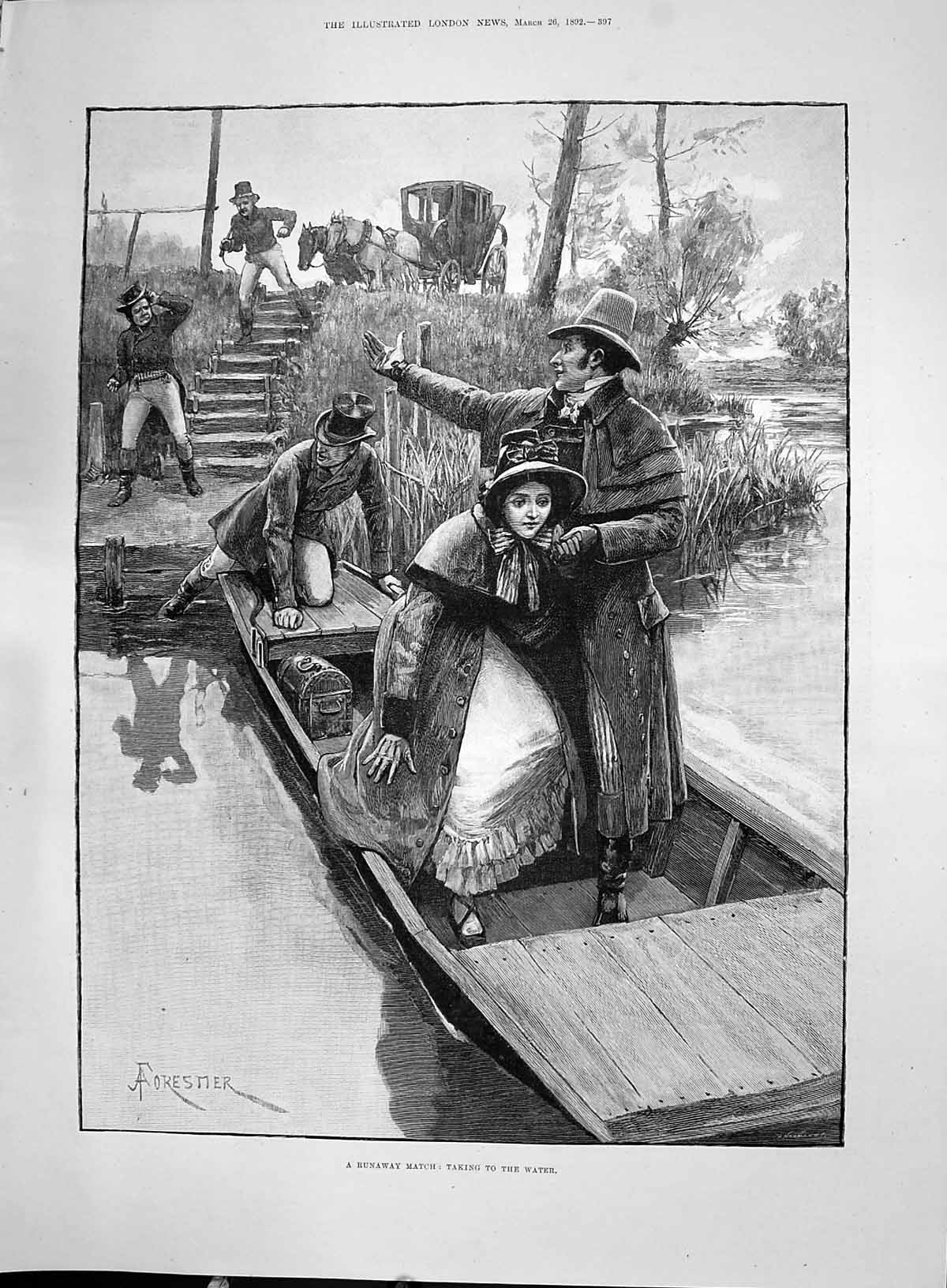 Antique Old Print 1892 Runaway Match River Boat Men Horses Carriage Forestier
