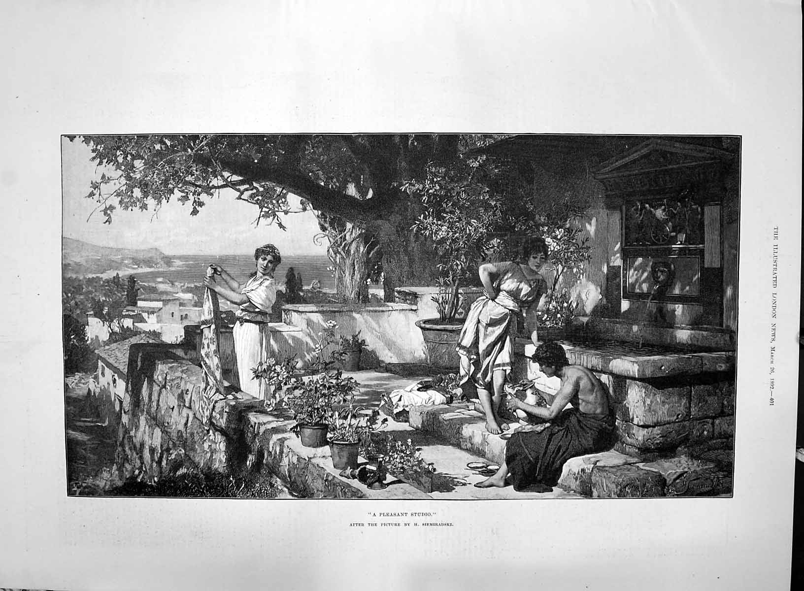 Original Old Antique Print 1892 Pleasant Studio Artist Ladies Painting Fine Art