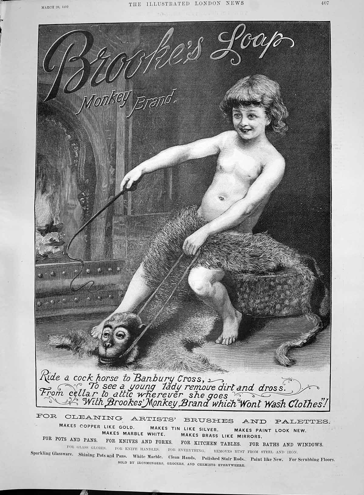 Old 1892 Advertisement Brooke;S Monkey Brand Soap Horse Banbury Cross Victorian