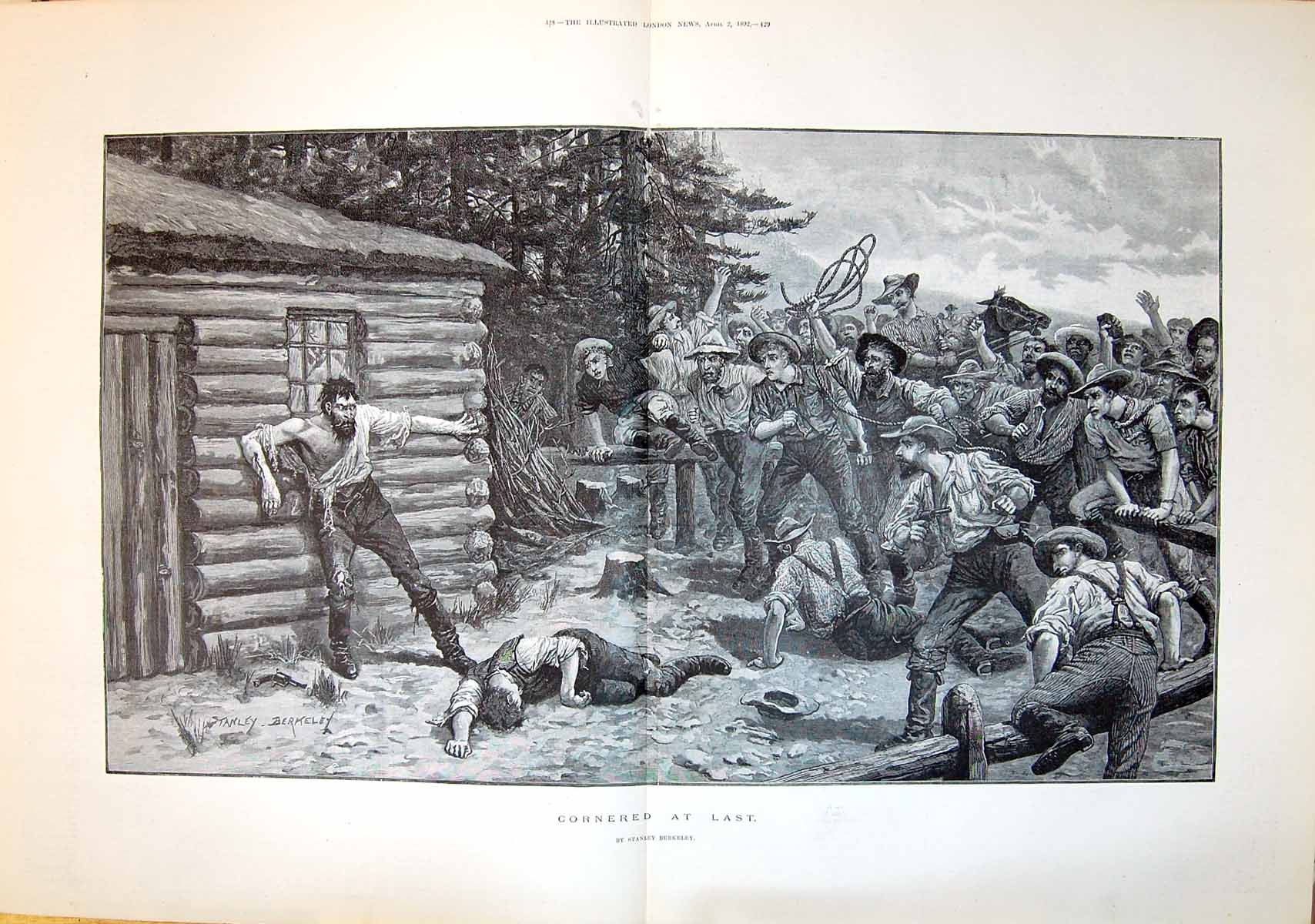 Antique Old Print 1892 Cornered At Last Men America Shooting Lassoo Stanley B