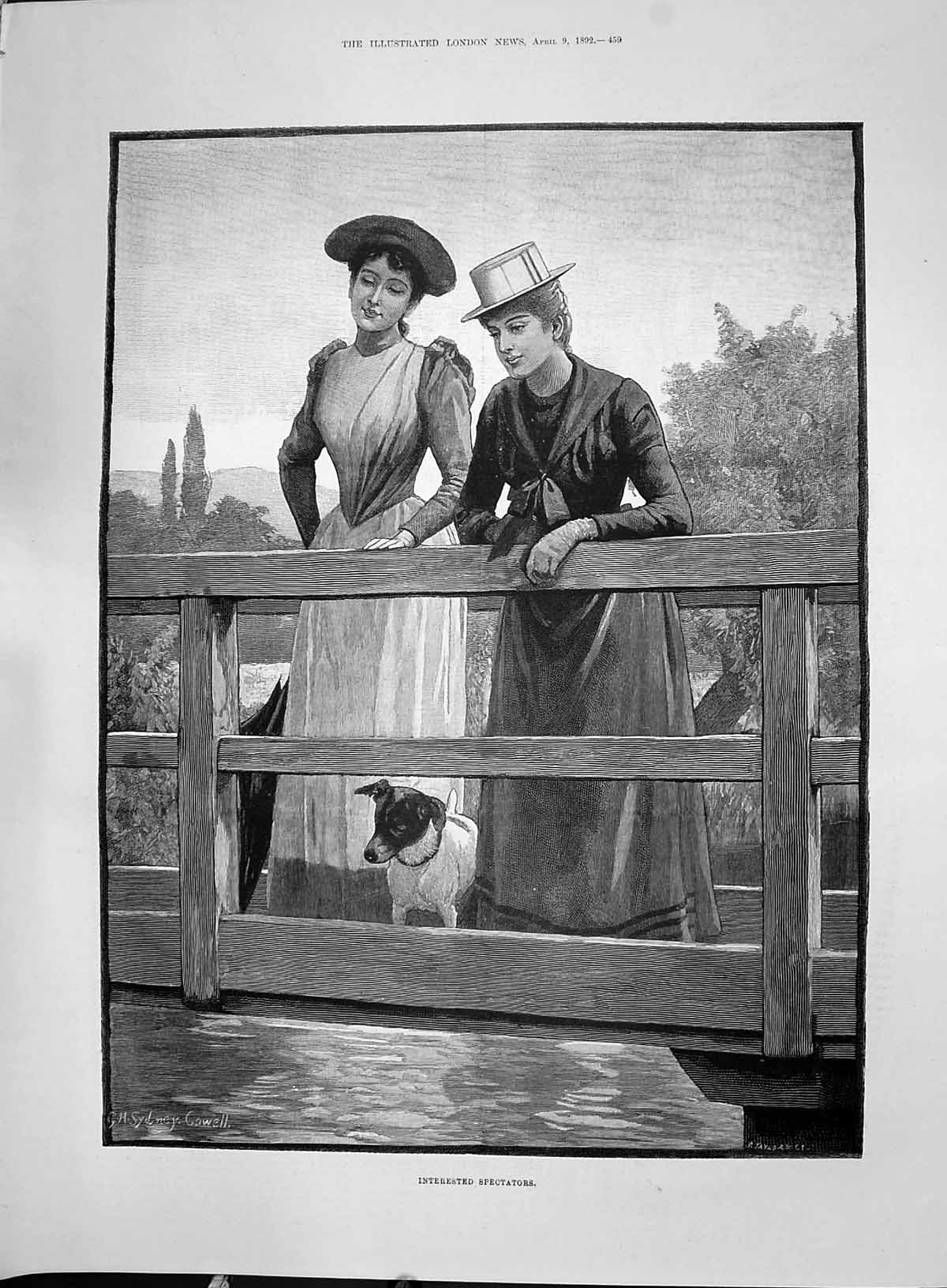 Old 1892 Beautiful Ladies River Bridge Dog Cowell London Green Startf Victorian