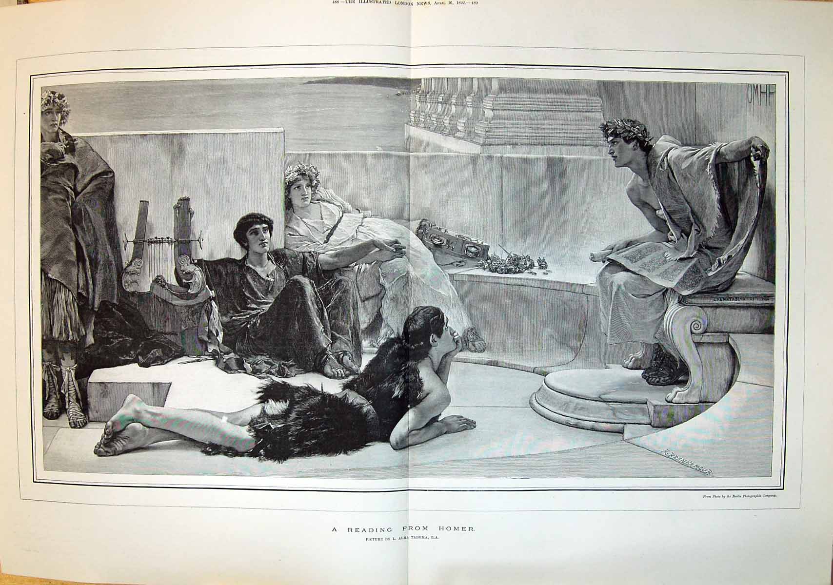 Original Old Antique Print 1892 Reading From Homer Egyptian People Alma Tadema