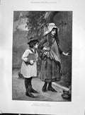 Original Old Antique Print 1892 Locked Out Children Church Door Fine Art 19th