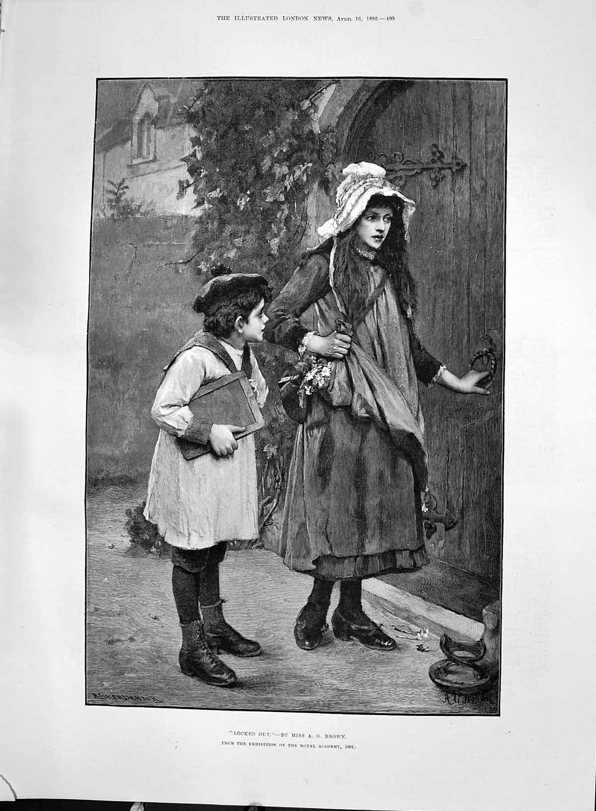 Original Old Antique Print 1892 Locked Out Children Church Door Fine Art 19th