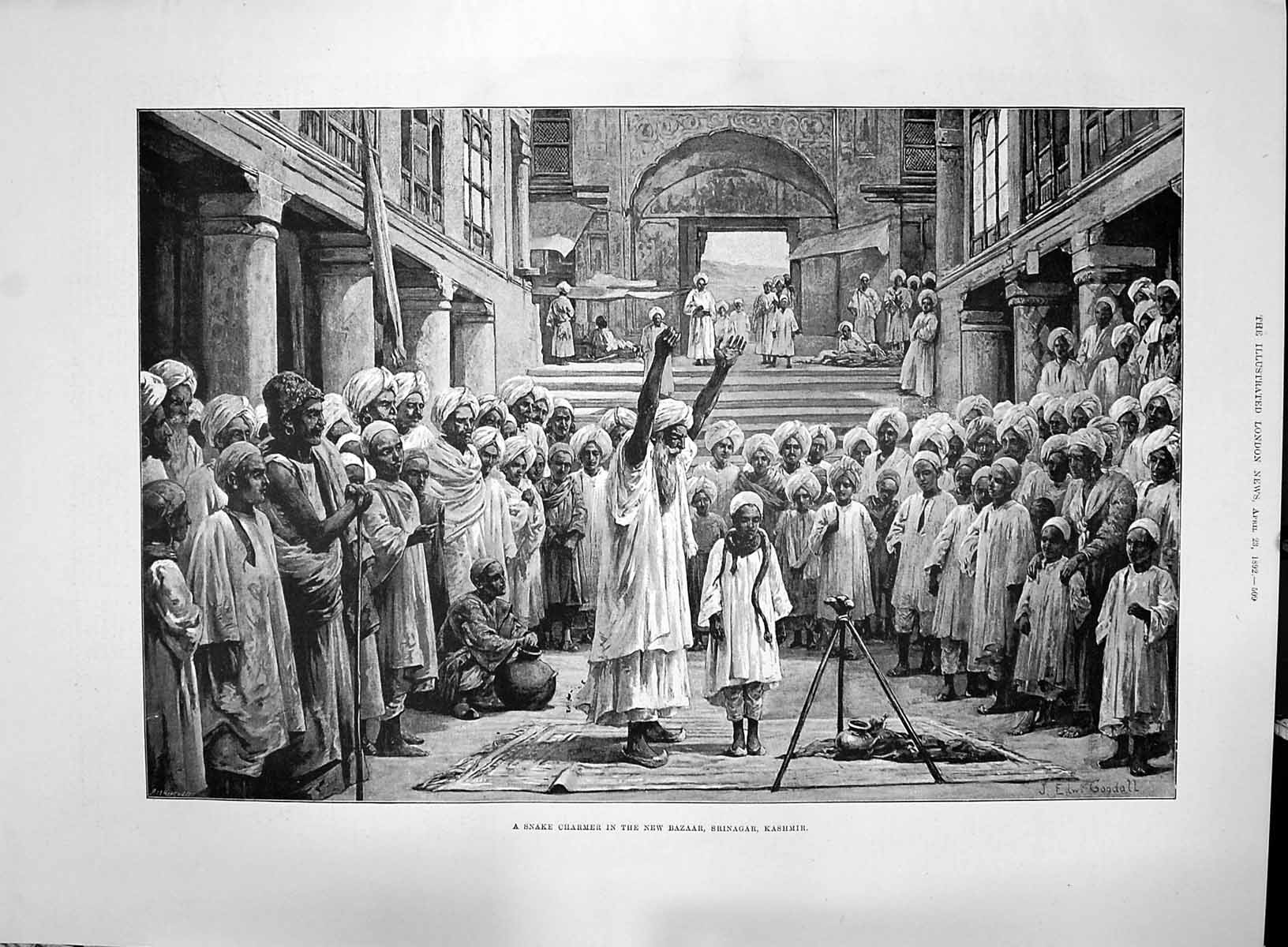 Old 1892 Snake Charmer Bazaar Srinagar Kashmir Wellington Paul'S Edwards 19th