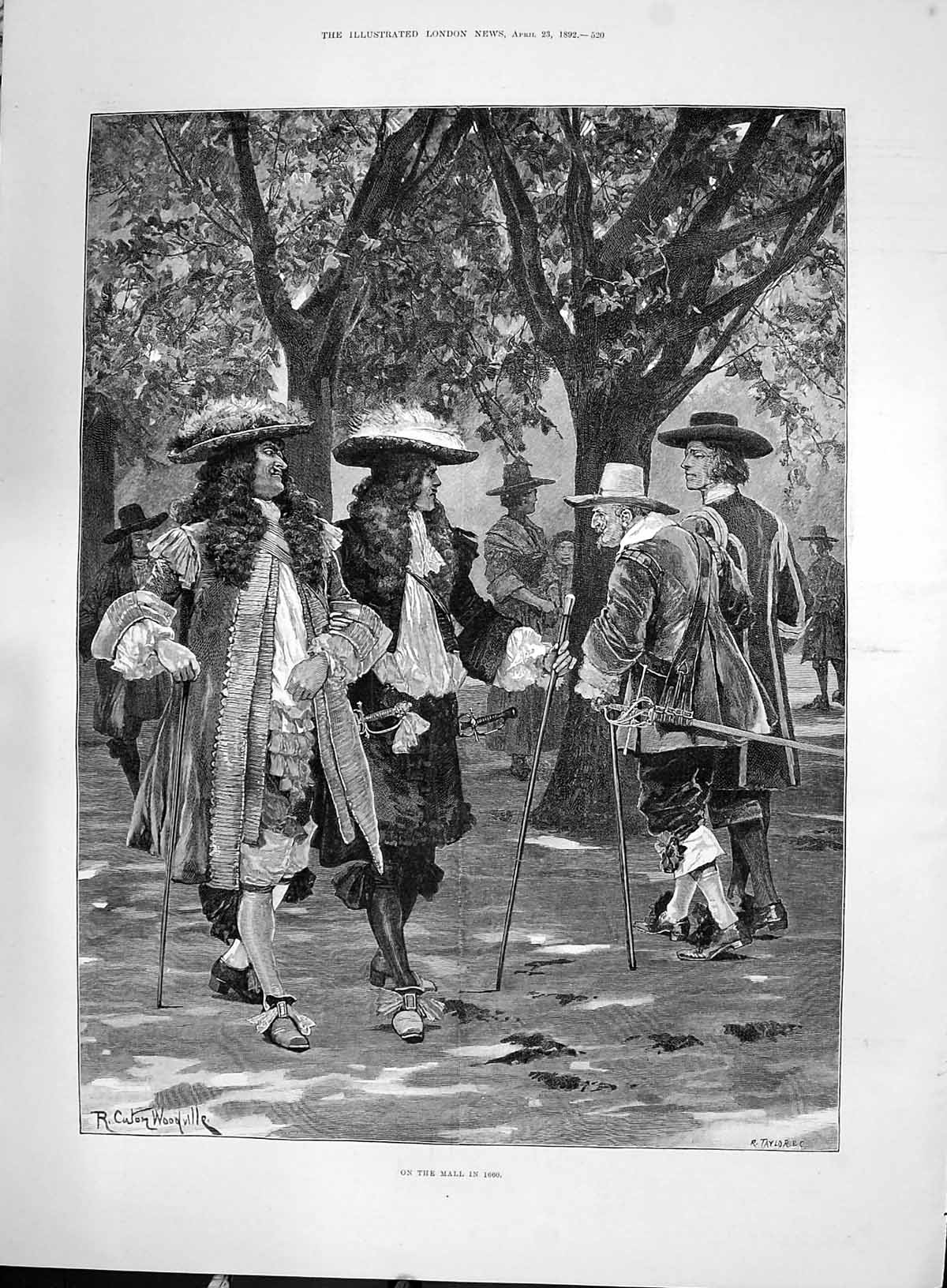 Antique Print 1892 Scene Mall London Men Busts Charles Kingsley ArnMaurice 19th