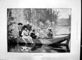 Original Old Antique Print 1892 Sur L'Eau River Boat Fishing Family Ladies 19th