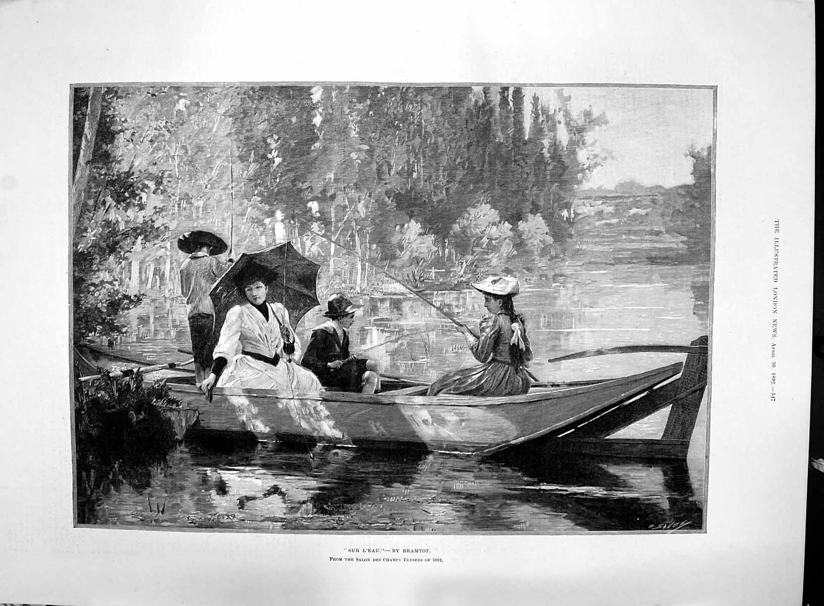 Original Old Antique Print 1892 Sur L'Eau River Boat Fishing Family Ladies 19th