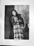Original Old Antique Print 1892 Chums Beautiful Woman Long Hair Pet Cat Mathey