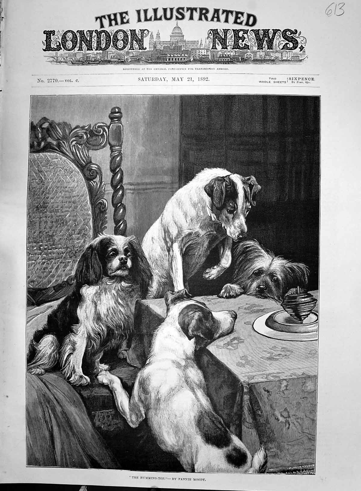 Original Old Antique Print 1892 Humming Top Puppy Dogs Dinner Table House Fanni
