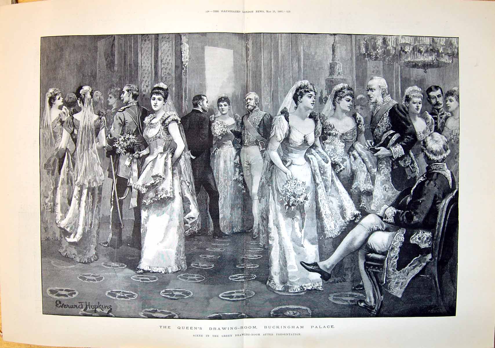 Antique Old Print 1892 Queen'S Drawing Room Buckingham Palace Royal Family