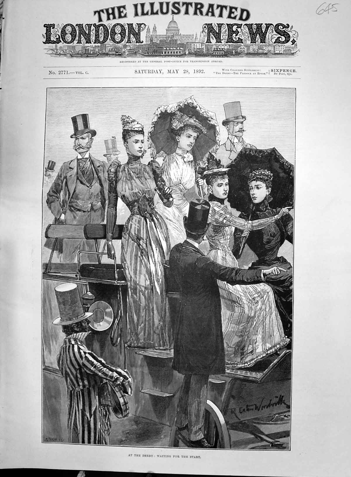 Antique Old Print 1892 Derby Horse Racing Sport Spectators Carriage Woodville